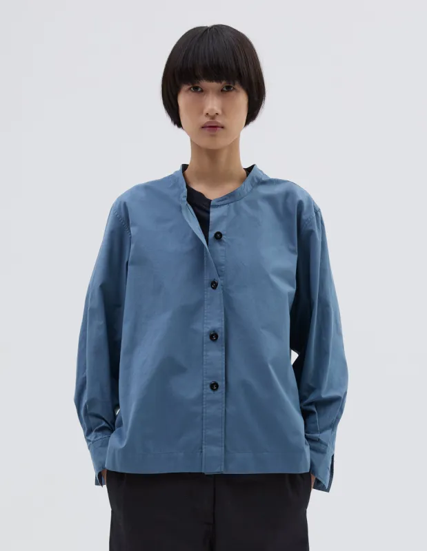 MHL. BUTTON THROUGH COLLARLESS SHIRT | COMPACT COTTON POPLIN | UNIFORM BLUE sold by Margaret Howell