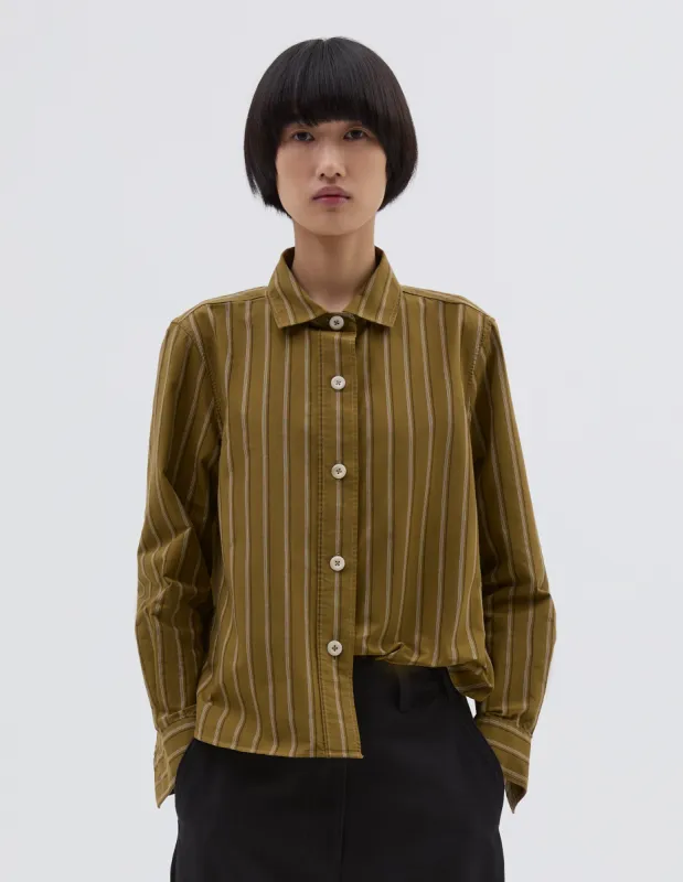 MHL. SIMPLE SHIRT | OFFSET COTTON STRIPE | LIGHT OLIVE / OFF WHITE sold by Margaret Howell