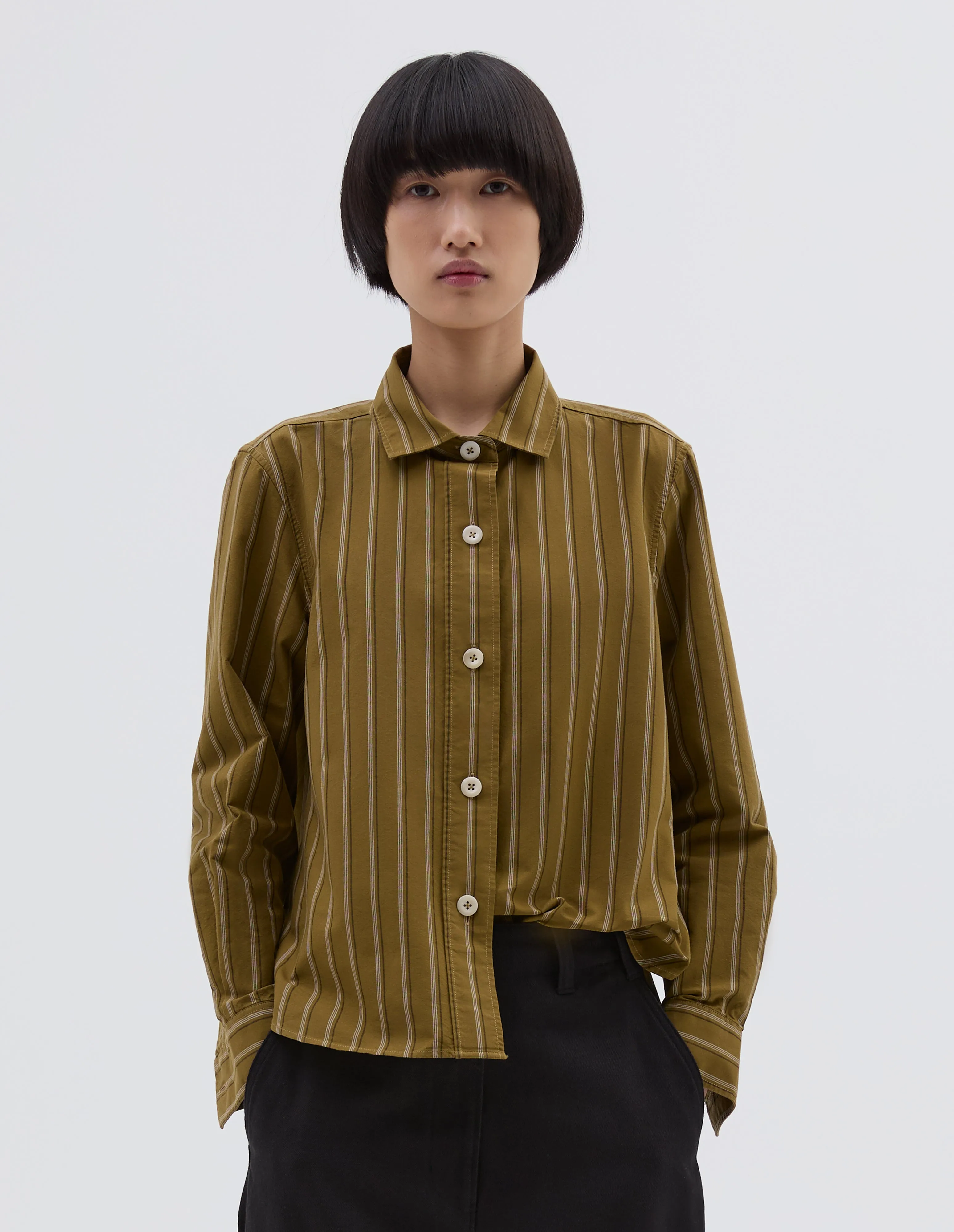 MHL. SIMPLE SHIRT | OFFSET COTTON STRIPE | LIGHT OLIVE / OFF WHITE sold by Margaret Howell