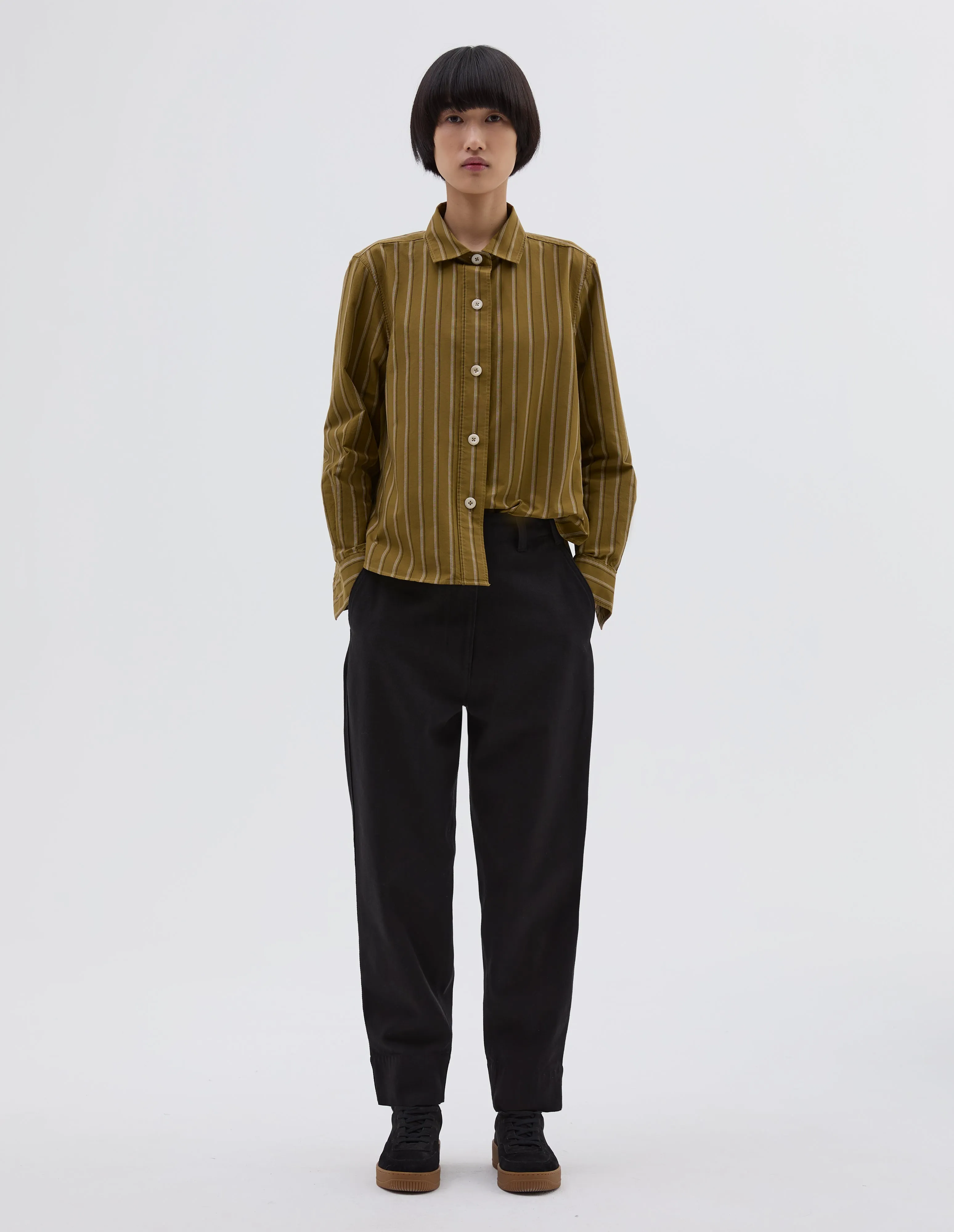 MHL. SIMPLE SHIRT | OFFSET COTTON STRIPE | LIGHT OLIVE / OFF WHITE sold by Margaret Howell product image thumbnail 2