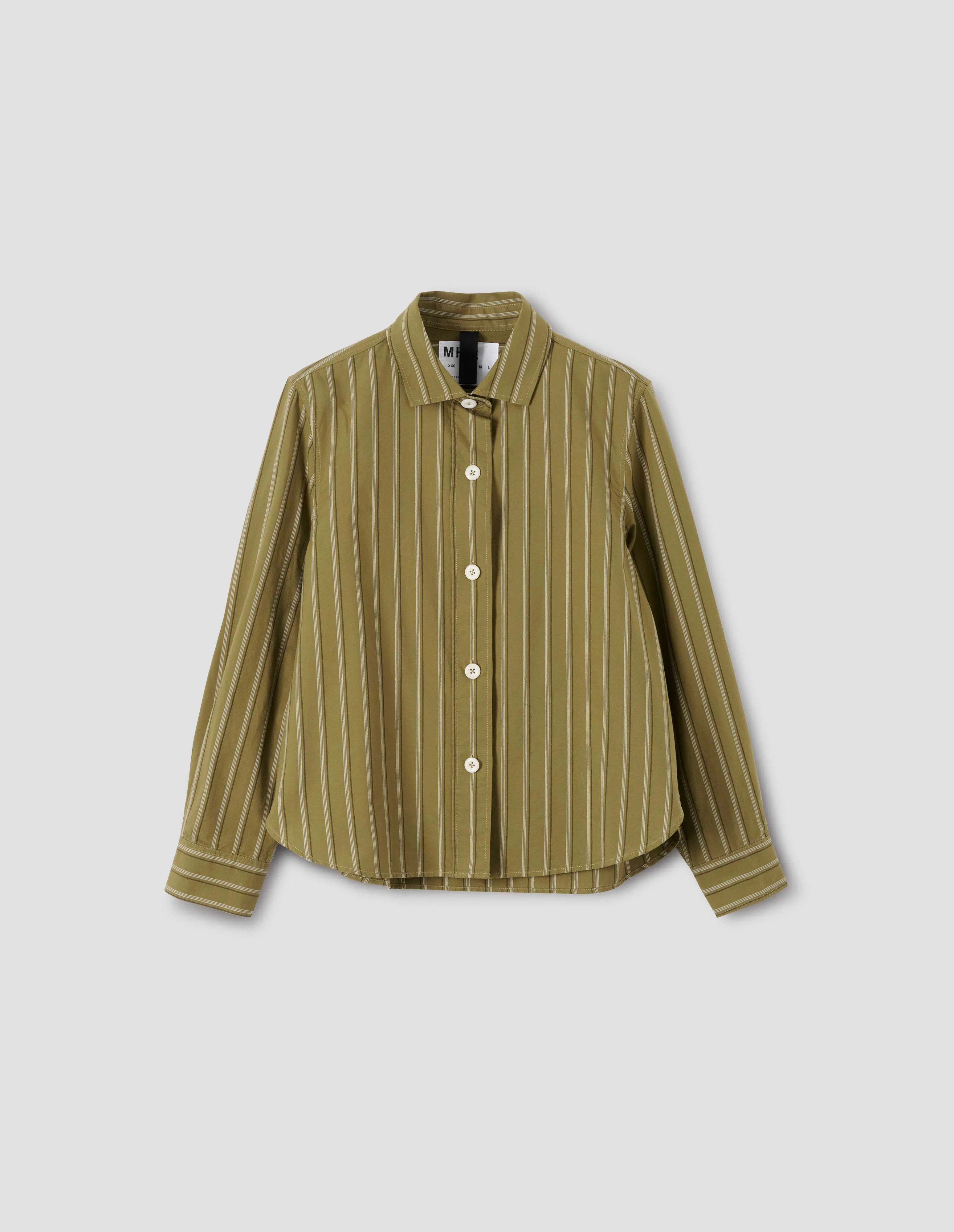 MHL. SIMPLE SHIRT | OFFSET COTTON STRIPE | LIGHT OLIVE / OFF WHITE sold by Margaret Howell product image thumbnail 4