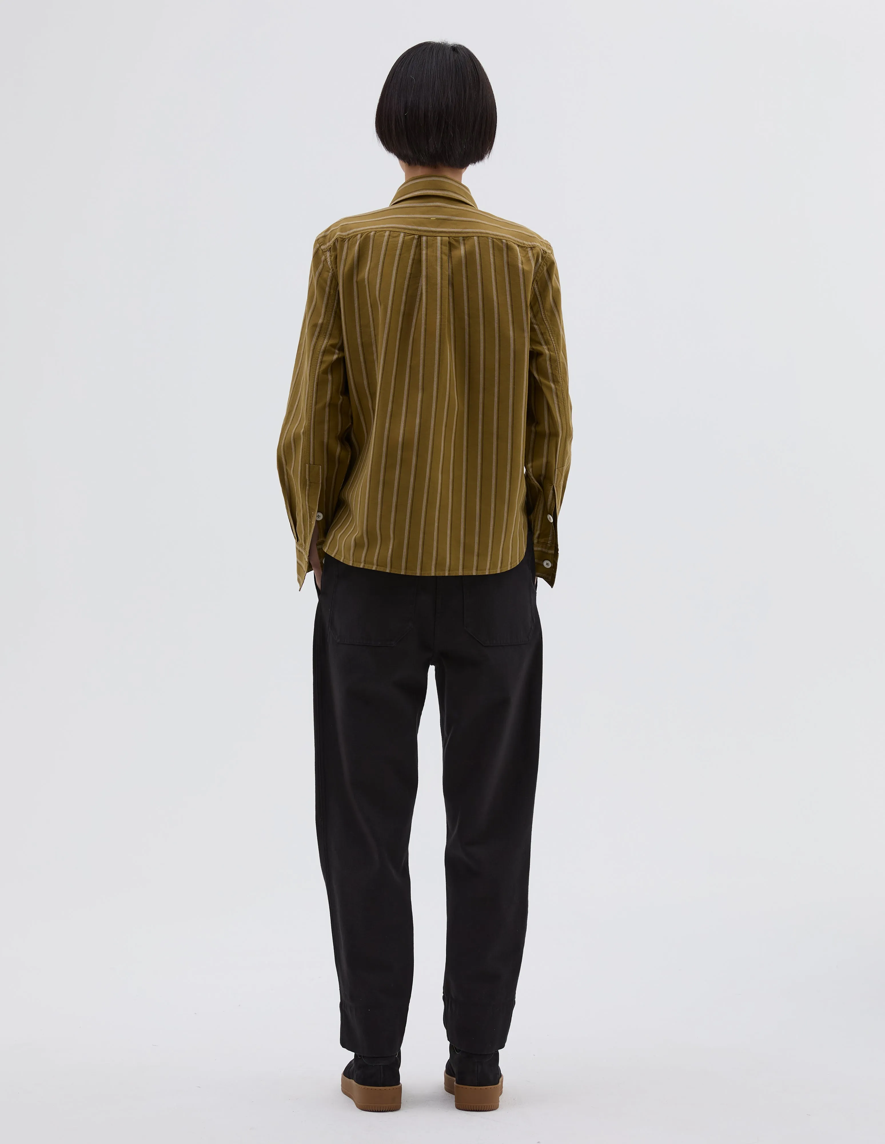 MHL. SIMPLE SHIRT | OFFSET COTTON STRIPE | LIGHT OLIVE / OFF WHITE sold by Margaret Howell product image thumbnail 3