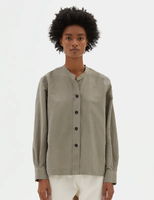 MHL. BUTTON THROUGH COLLARLESS SHIRT | LIGHTWEIGHT COTTON LINEN | FADED KHAKI sold by Margaret Howell