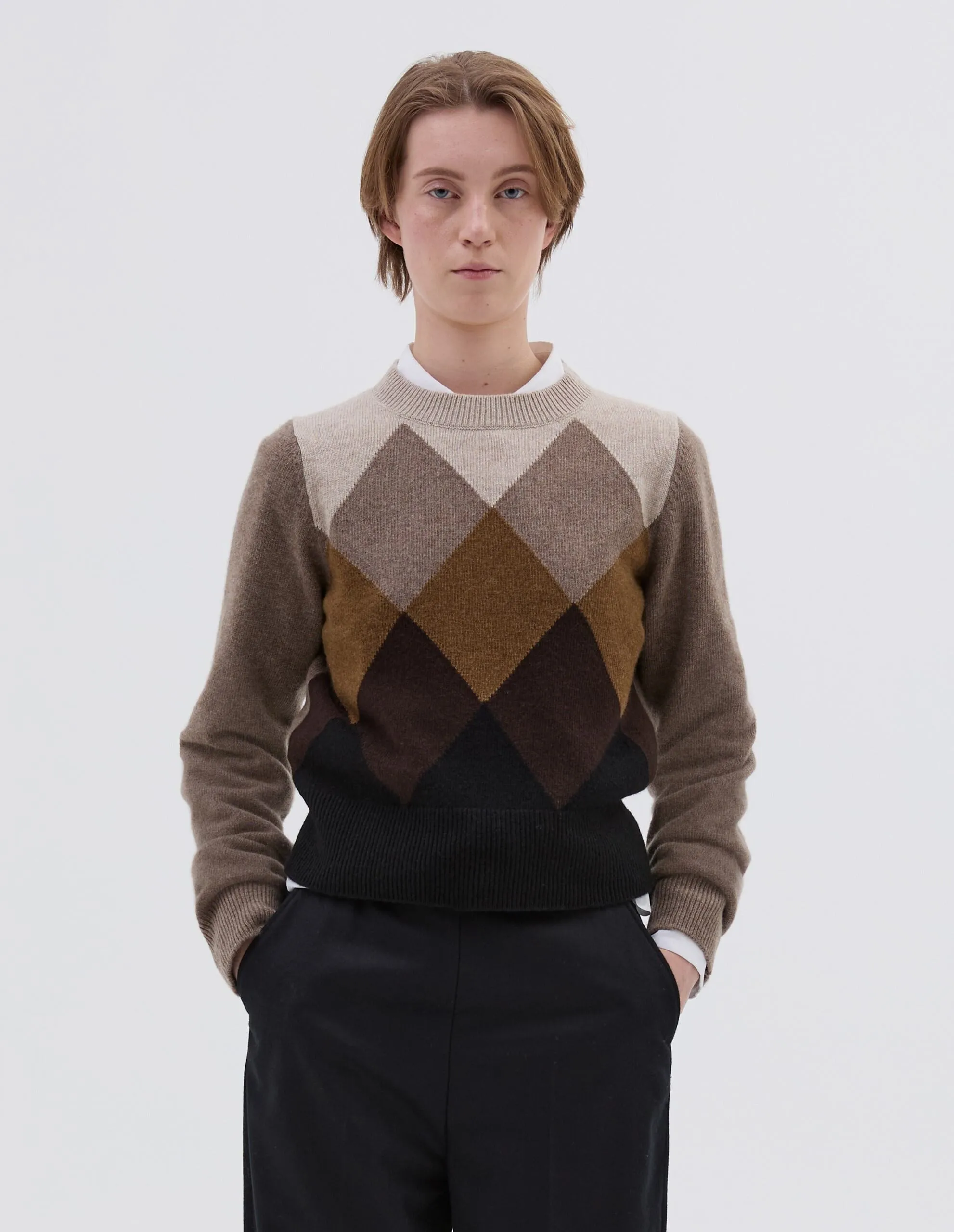 OMBRE ARGYLE JUMPER | MERINO CASHMERE | MOCHA sold by Margaret Howell