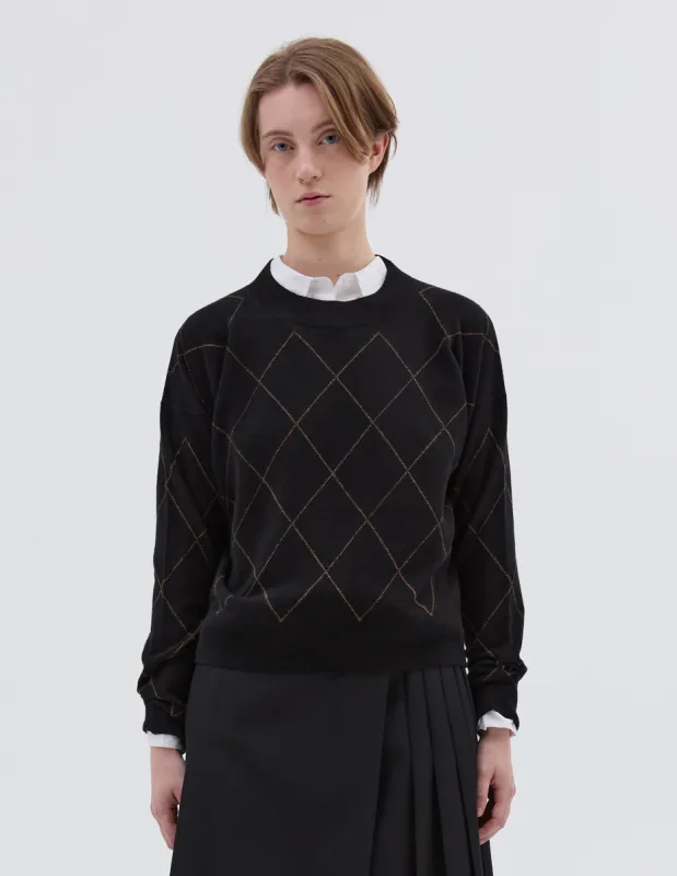 CREW NECK LINEAR ARGYLE JUMPER | MERINO CASHMERE | BLACK / TAN sold by Margaret Howell