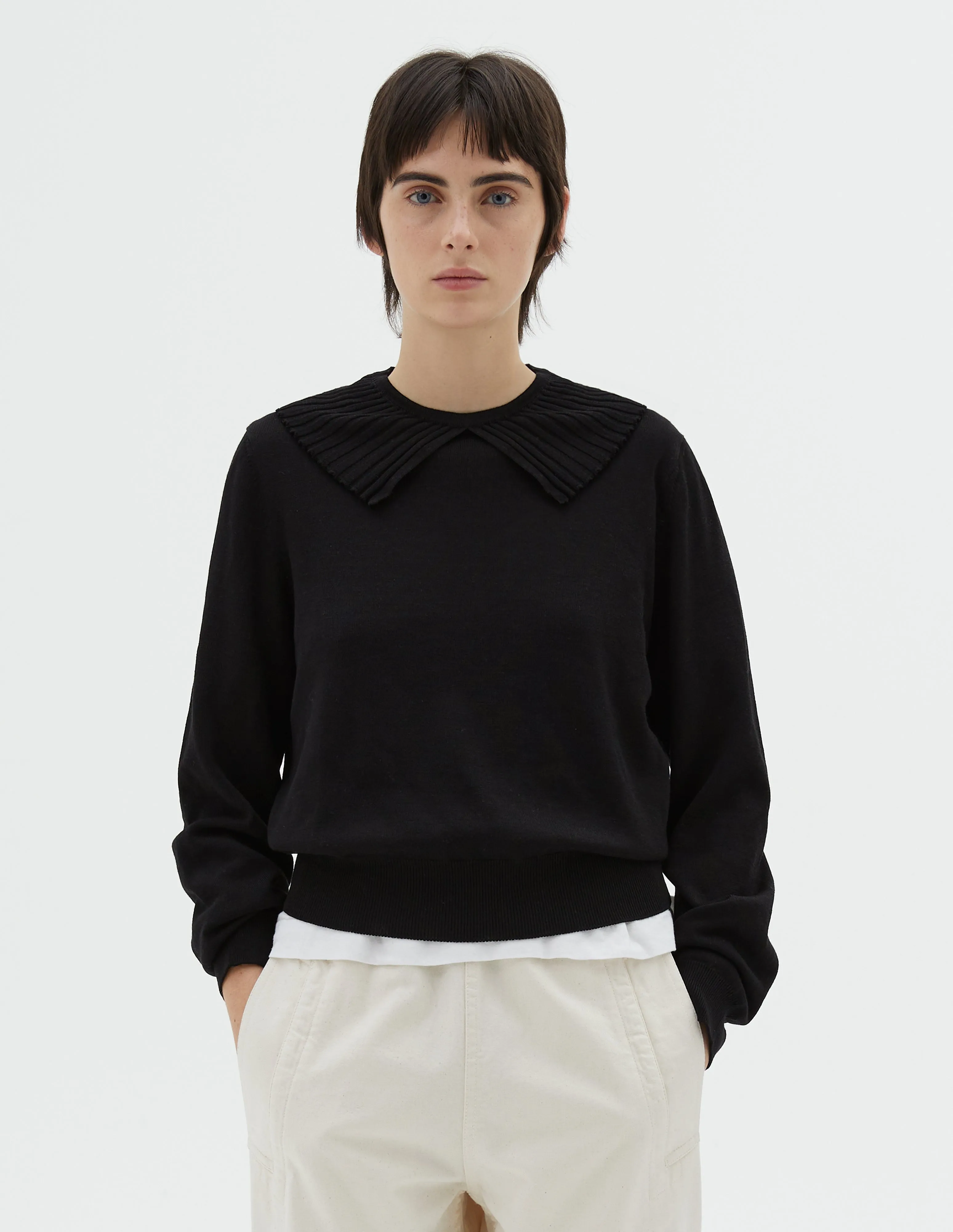 FLUTED COLLAR JUMPER | EXTRAFINE MERINO WOOL | BLACK sold by Margaret Howell