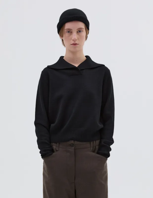 CROSS NECK POLO JUMPER | FINE LAMBSWOOL | BLACK sold by Margaret Howell