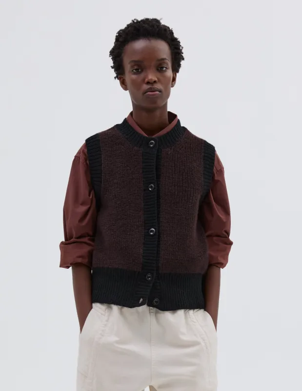 MHL. CONTRAST TRIM WAISTCOAT | VIRGIN WOOL | CHOCOLATE / BLACK sold by Margaret Howell