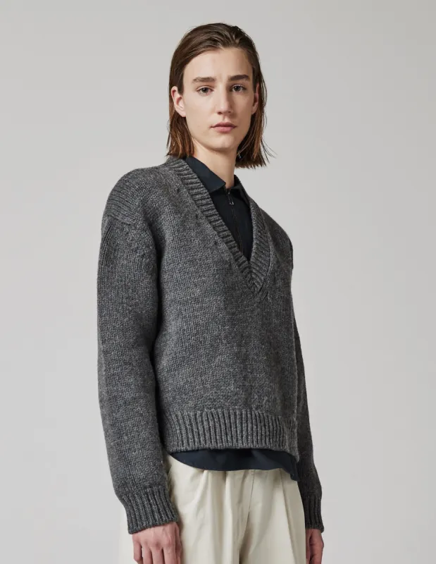 MHL. CHUNKY V NECK | BRITISH MERINO | MID GREY sold by Margaret Howell