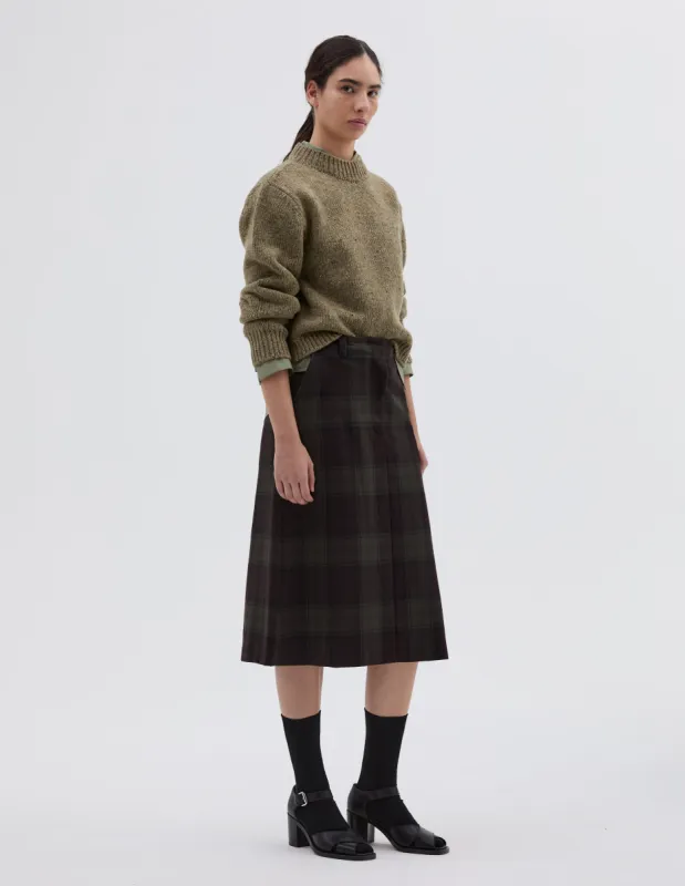 BACK VENT SKIRT | CHECK WOOL TWILL | KHAKI / BROWN sold by Margaret Howell