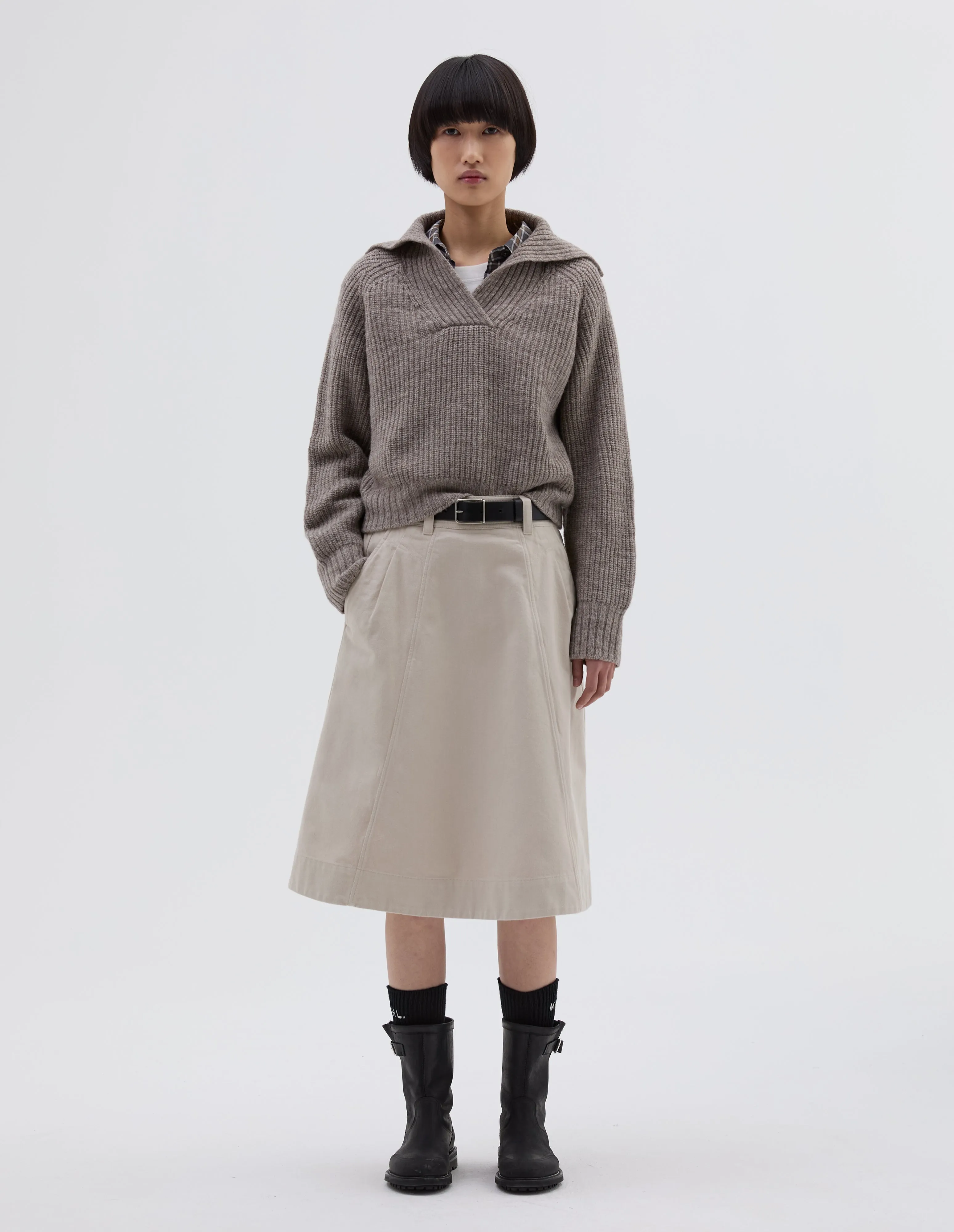 MHL. PANELLED SCOUT SKIRT | WORN COTTON DRILL | PUTTY sold by Margaret Howell