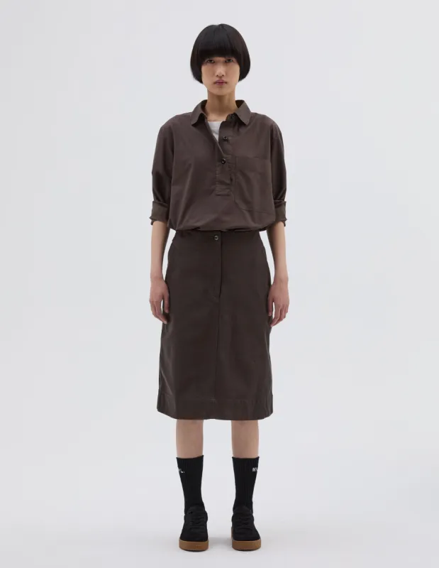 MHL. CINCH BACK SKIRT | RAISED COTTON DRILL | DARK BROWN sold by Margaret Howell
