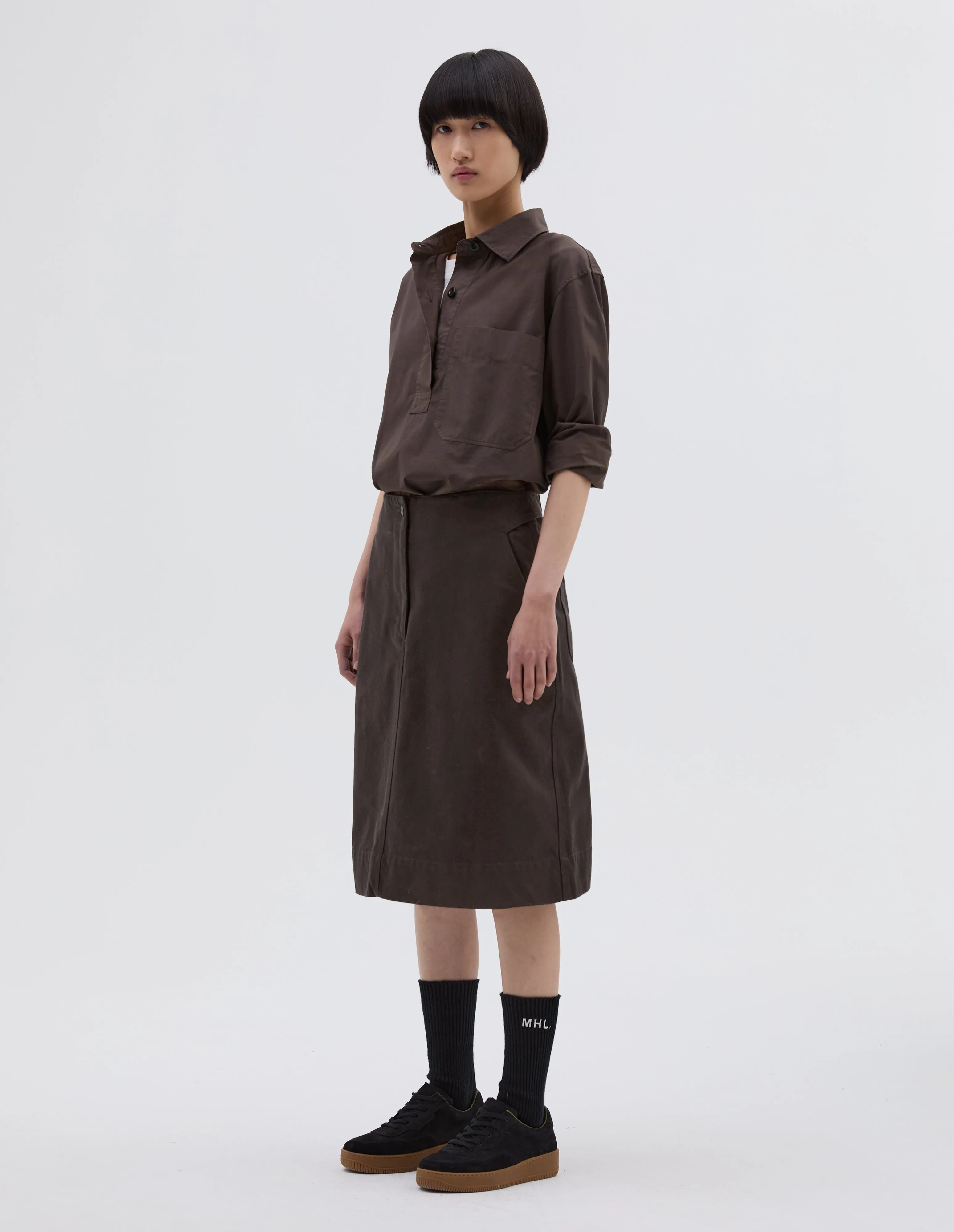MHL. CINCH BACK SKIRT | RAISED COTTON DRILL | DARK BROWN sold by Margaret Howell product image thumbnail 2