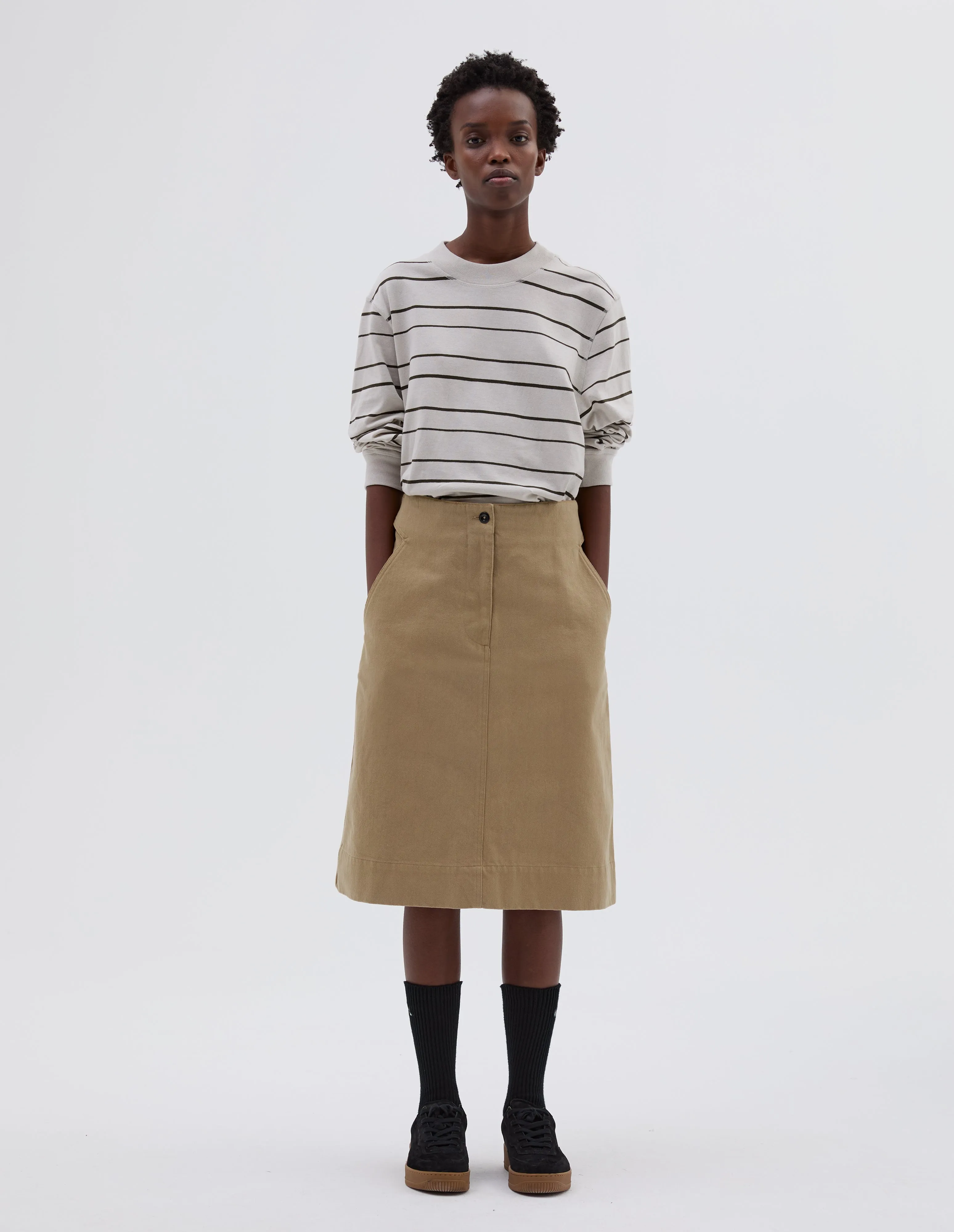 MHL. CINCH BACK SKIRT | RAISED COTTON DRILL | STONE sold by Margaret Howell