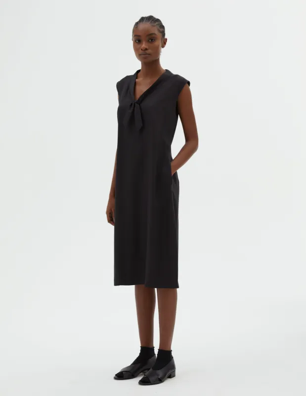 V NECK DRESS | MATT SILK  | BLACK sold by Margaret Howell