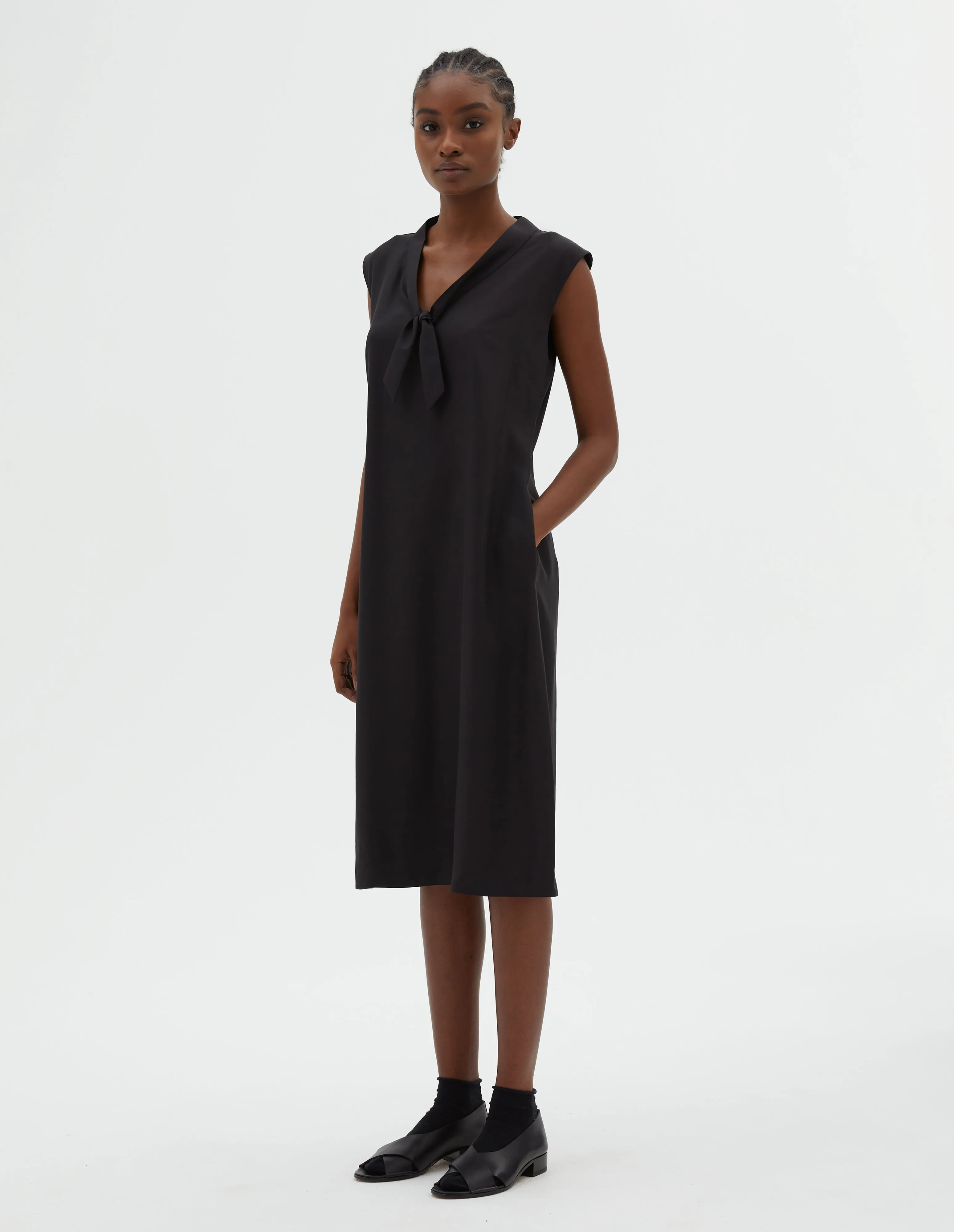 V NECK DRESS | MATT SILK | BLACK sold by Margaret Howell