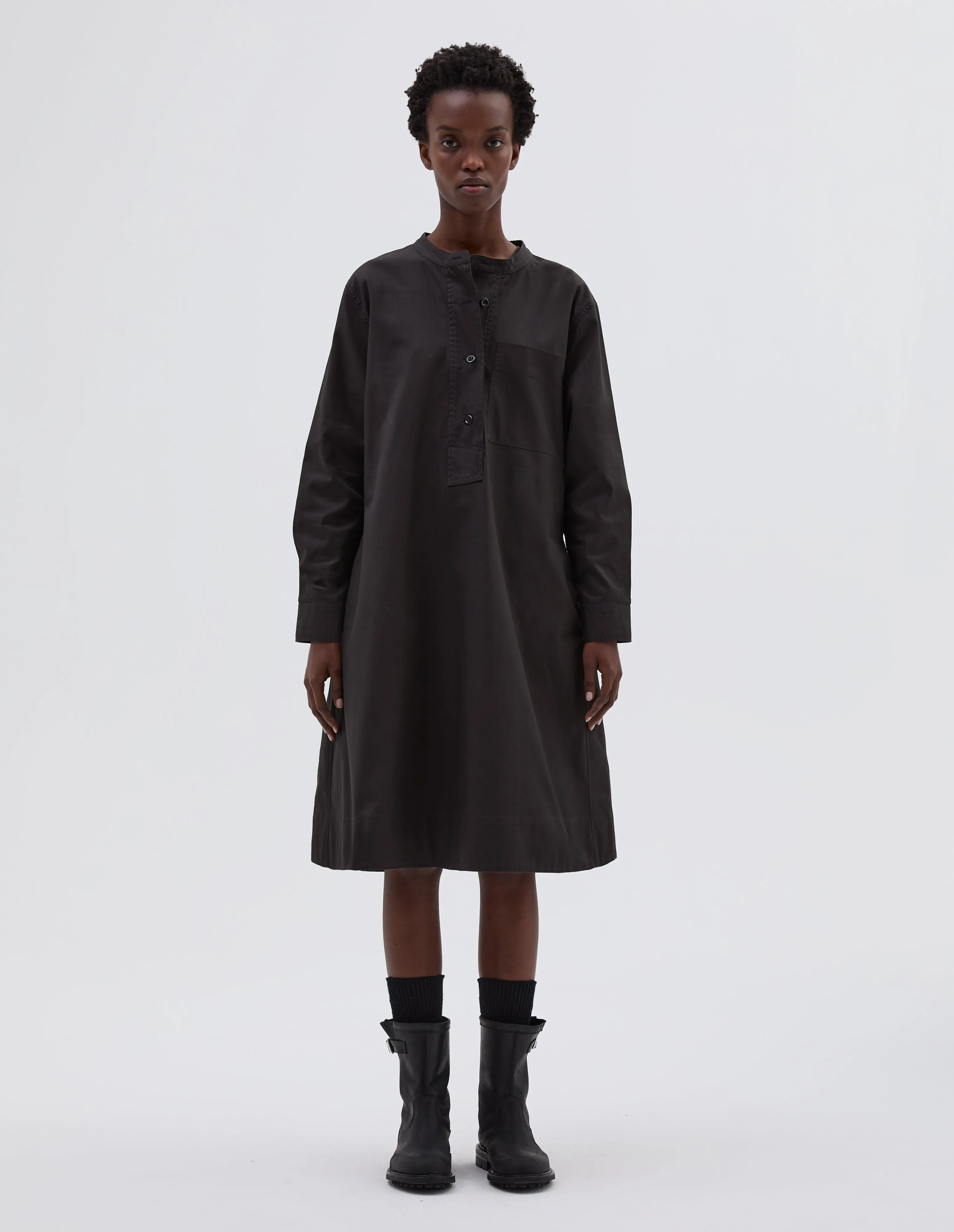 MHL. COLLARLESS SWING DRESS | TUMBLED COTTON CANVAS | EBONY sold by Margaret Howell