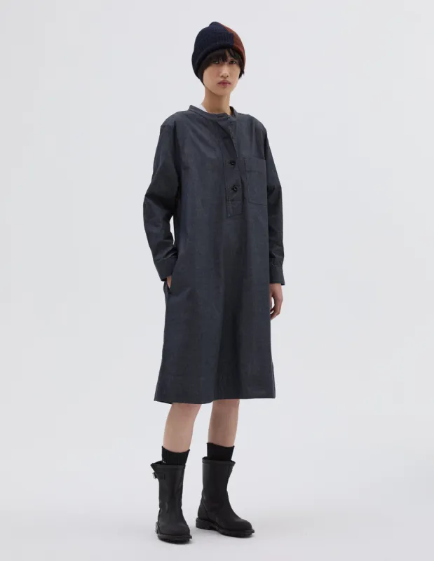 MHL. COLLARLESS SWING DRESS | MATT COTTON CHAMBRAY | CHARCOAL sold by Margaret Howell
