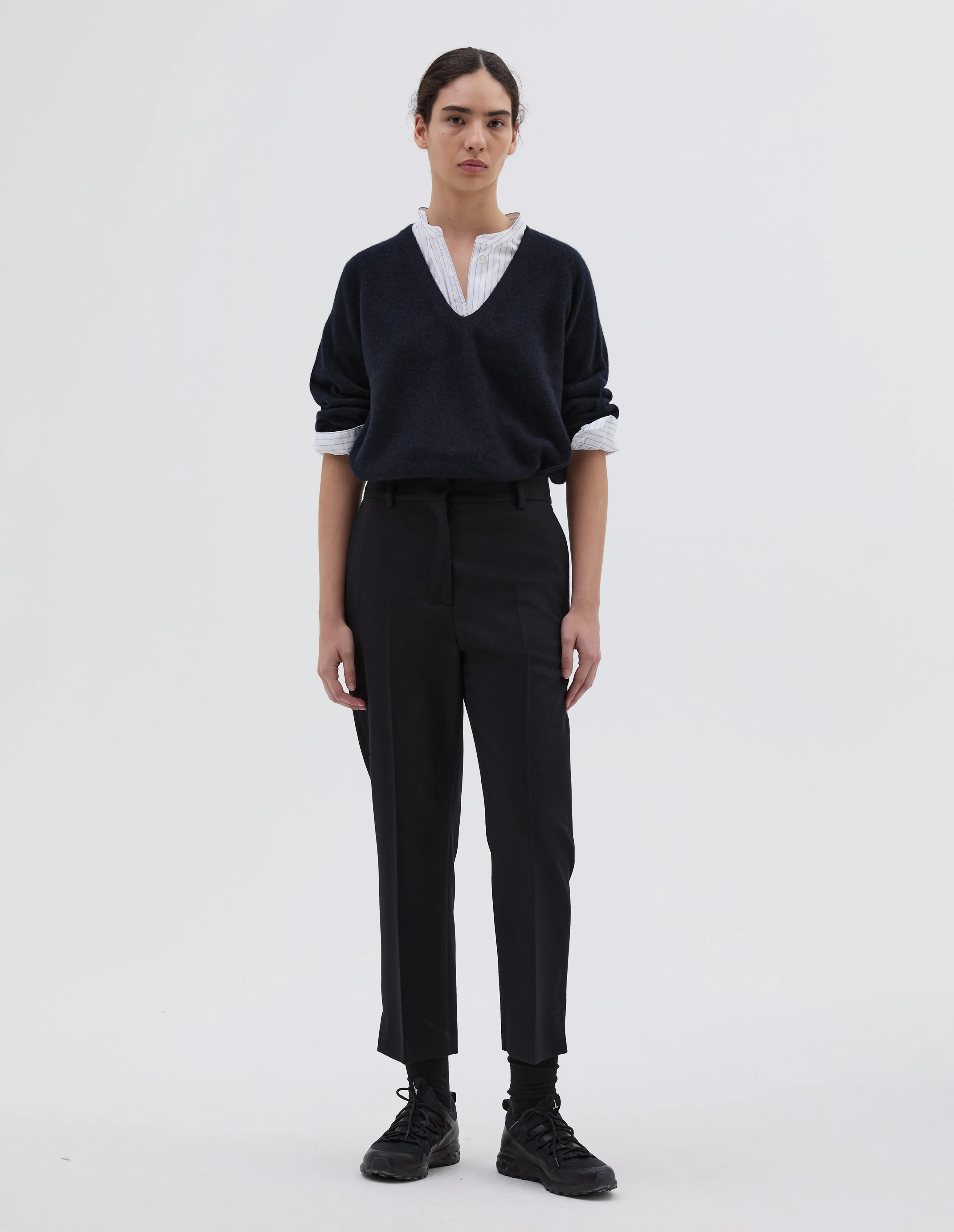 MIDI WAIST CROP TROUSER | FLANNEL | DARK NAVY sold by Margaret Howell