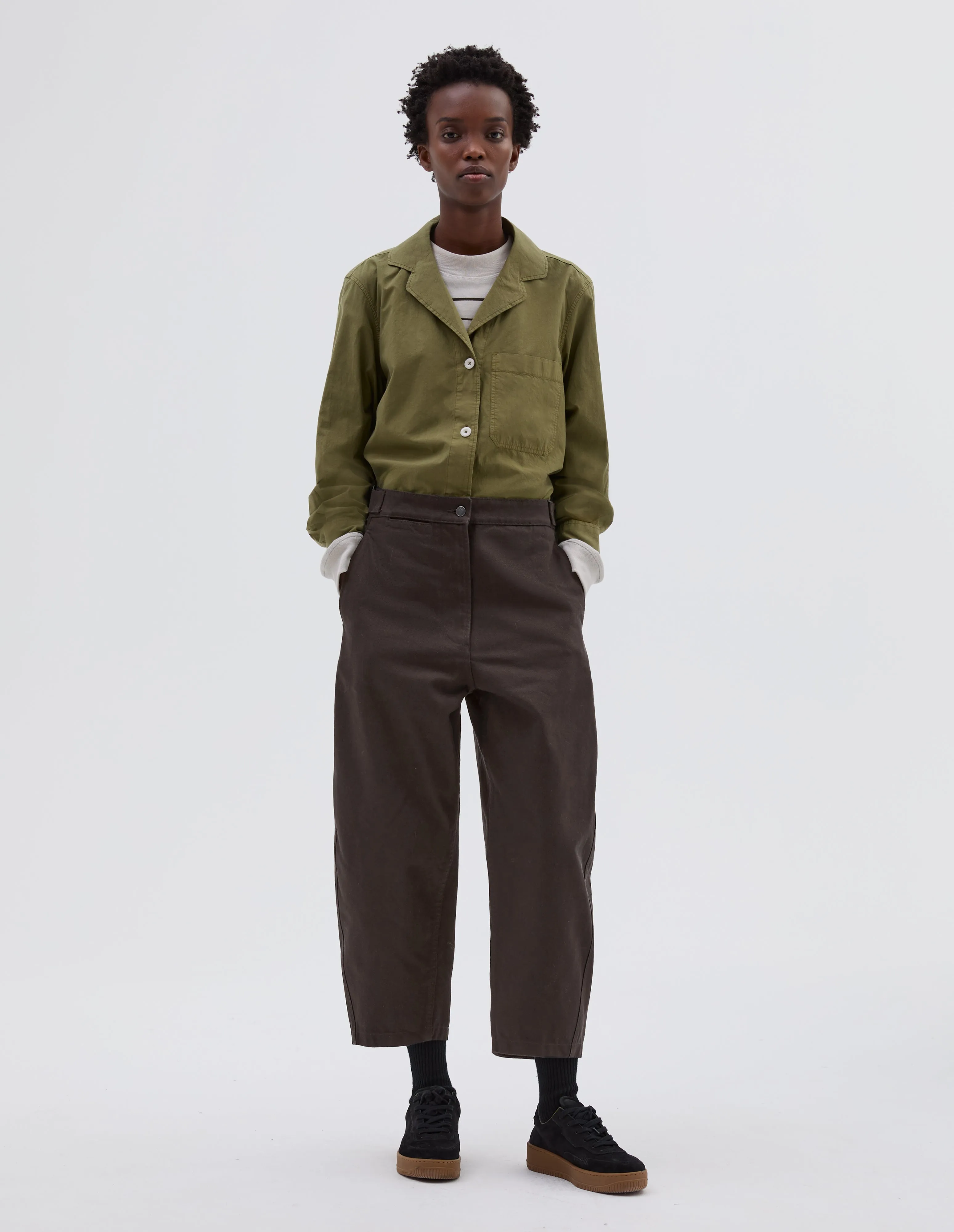 MHL. BARREL LEG TROUSER | RAISED COTTON DRILL | DARK BROWN sold by Margaret Howell