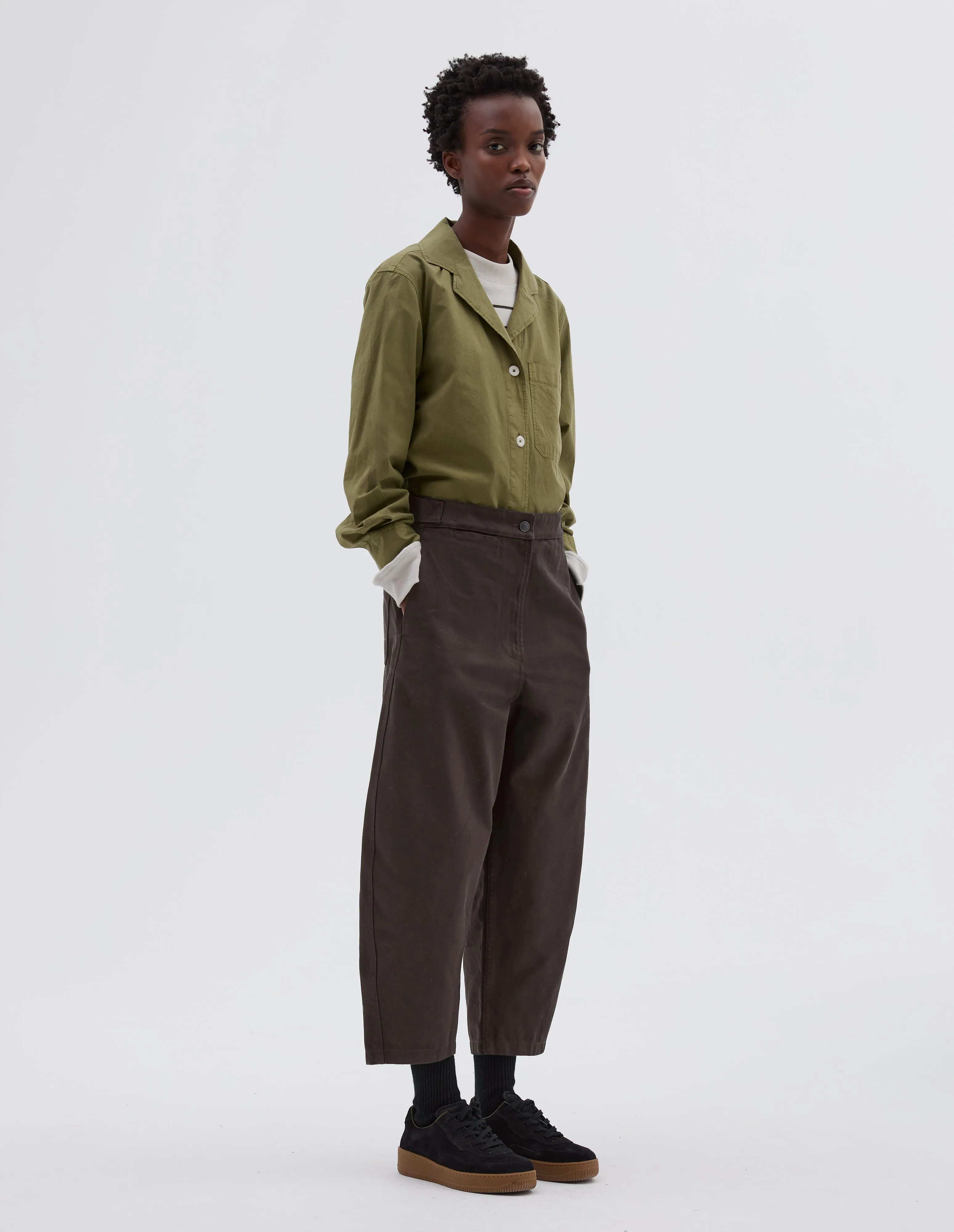 MHL. BARREL LEG TROUSER | RAISED COTTON DRILL | DARK BROWN sold by Margaret Howell product image thumbnail 2