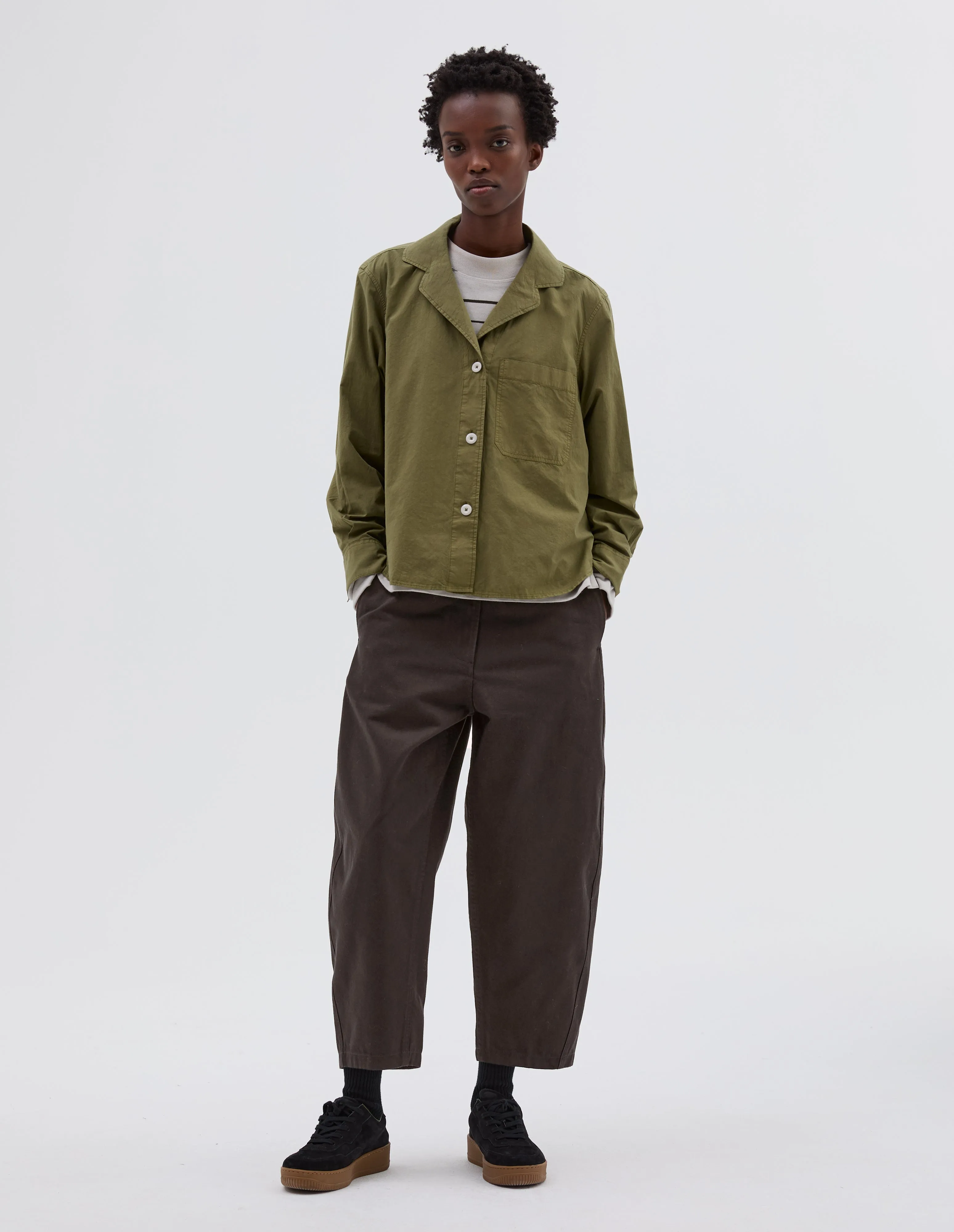 MHL. OPEN COLLAR SHIRT | LIGHT COTTON LYOCELL | OLIVE GREEN sold by Margaret Howell product image thumbnail 2