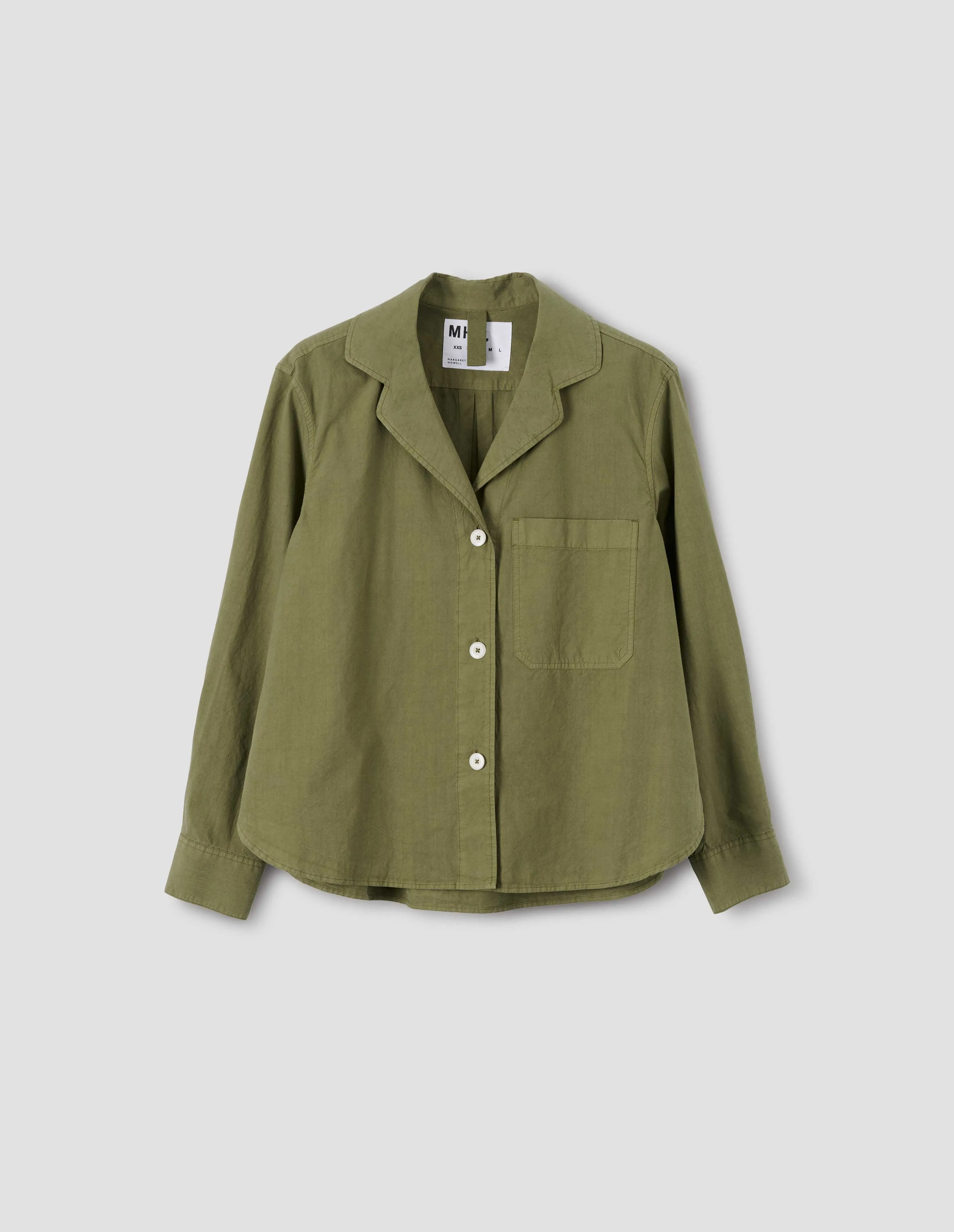 MHL. OPEN COLLAR SHIRT | LIGHT COTTON LYOCELL | OLIVE GREEN sold by Margaret Howell product image thumbnail 4