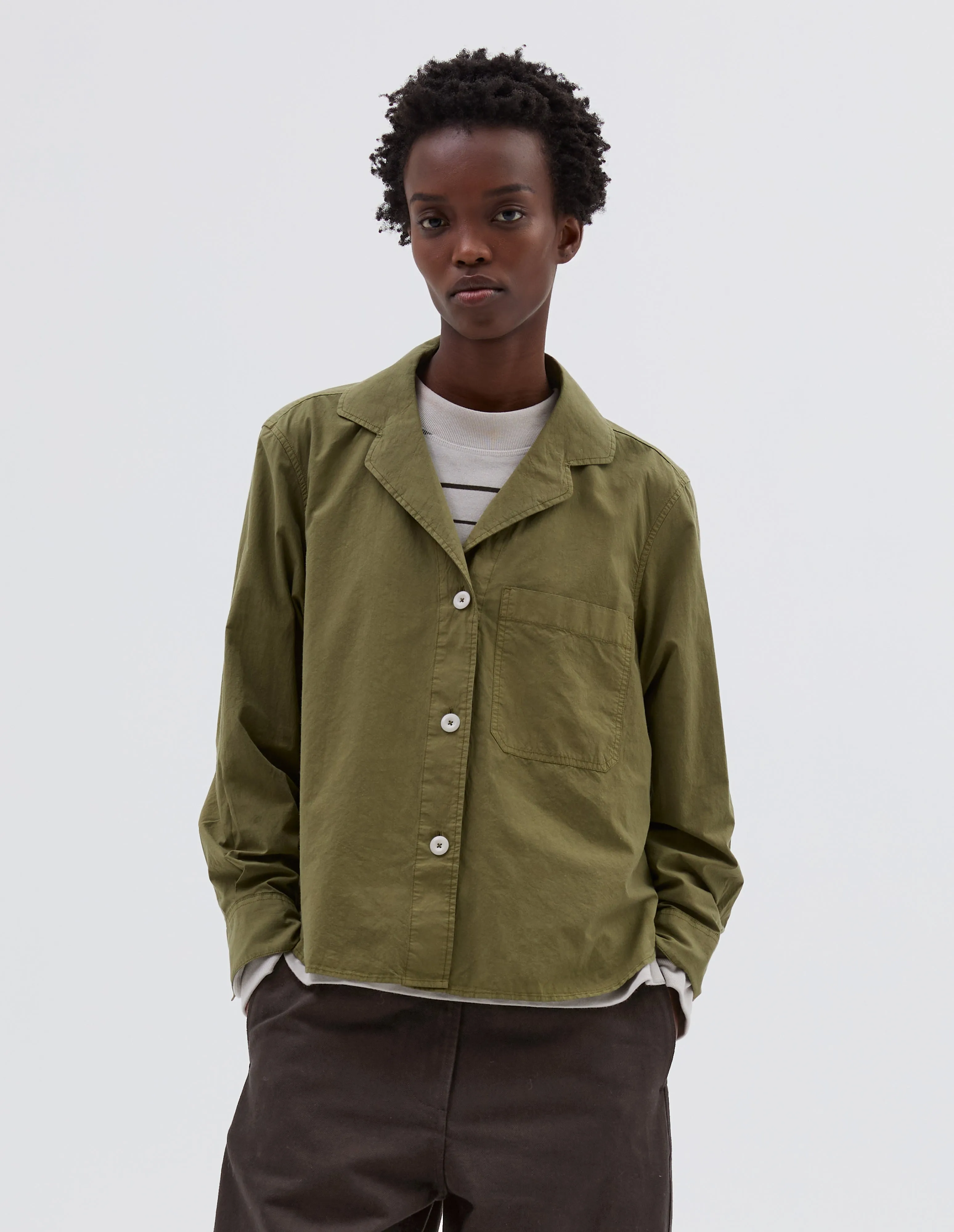 MHL. OPEN COLLAR SHIRT | LIGHT COTTON LYOCELL | OLIVE GREEN sold by Margaret Howell