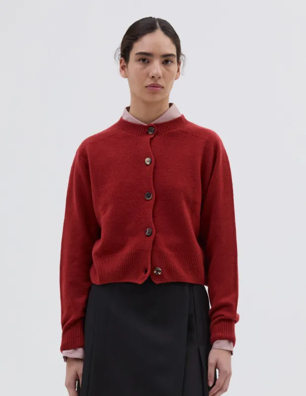 SMALL CREW NECK CARDIGAN | MERINO CASHMERE | CARMINE sold by Margaret Howell