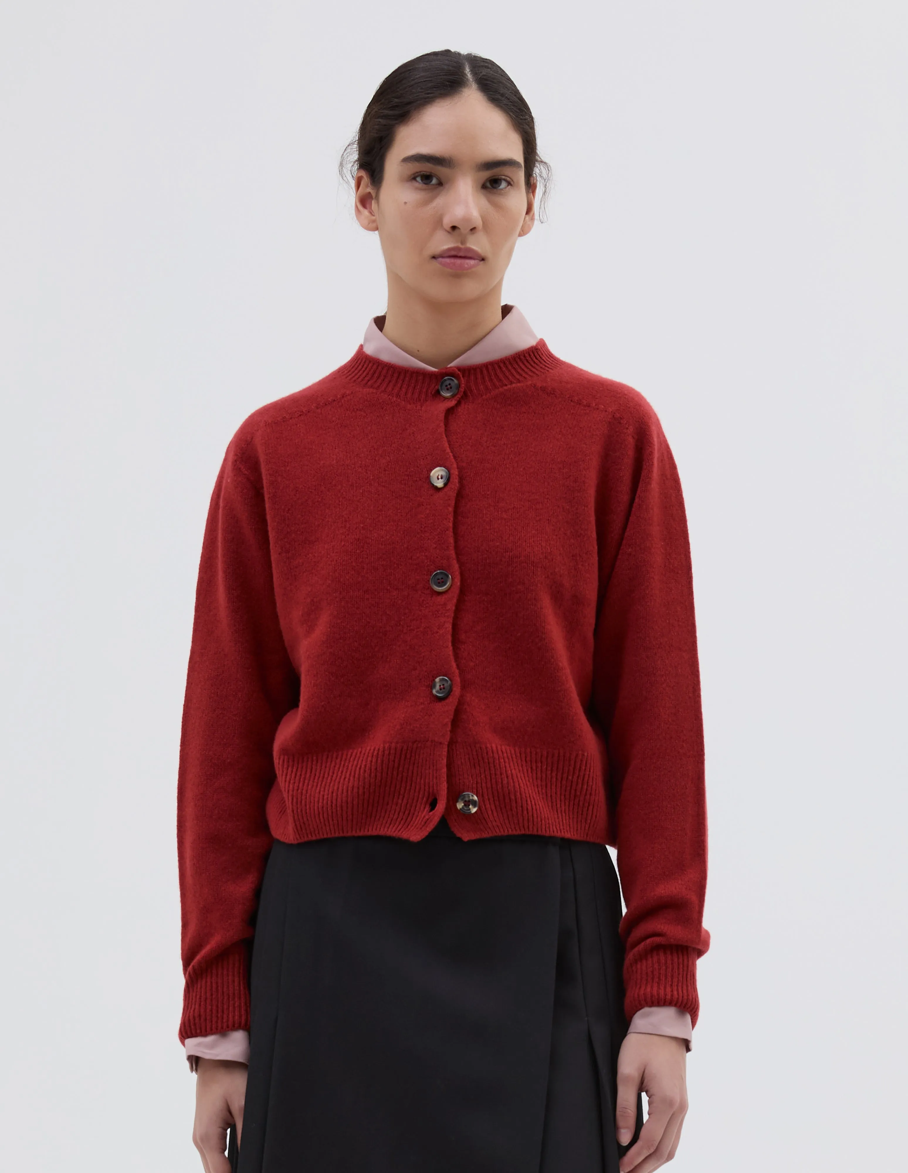 SMALL CREW NECK CARDIGAN | MERINO CASHMERE | CARMINE sold by Margaret Howell