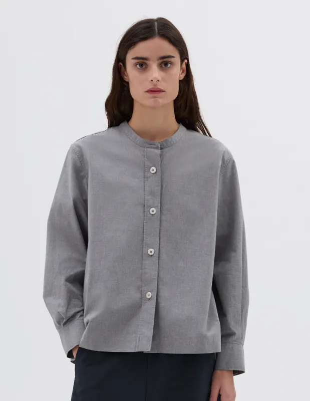 MHL. BUTTON THROUGH COLLARLESS SHIRT | MELANGE COTTON END ON END | GREY sold by Margaret Howell