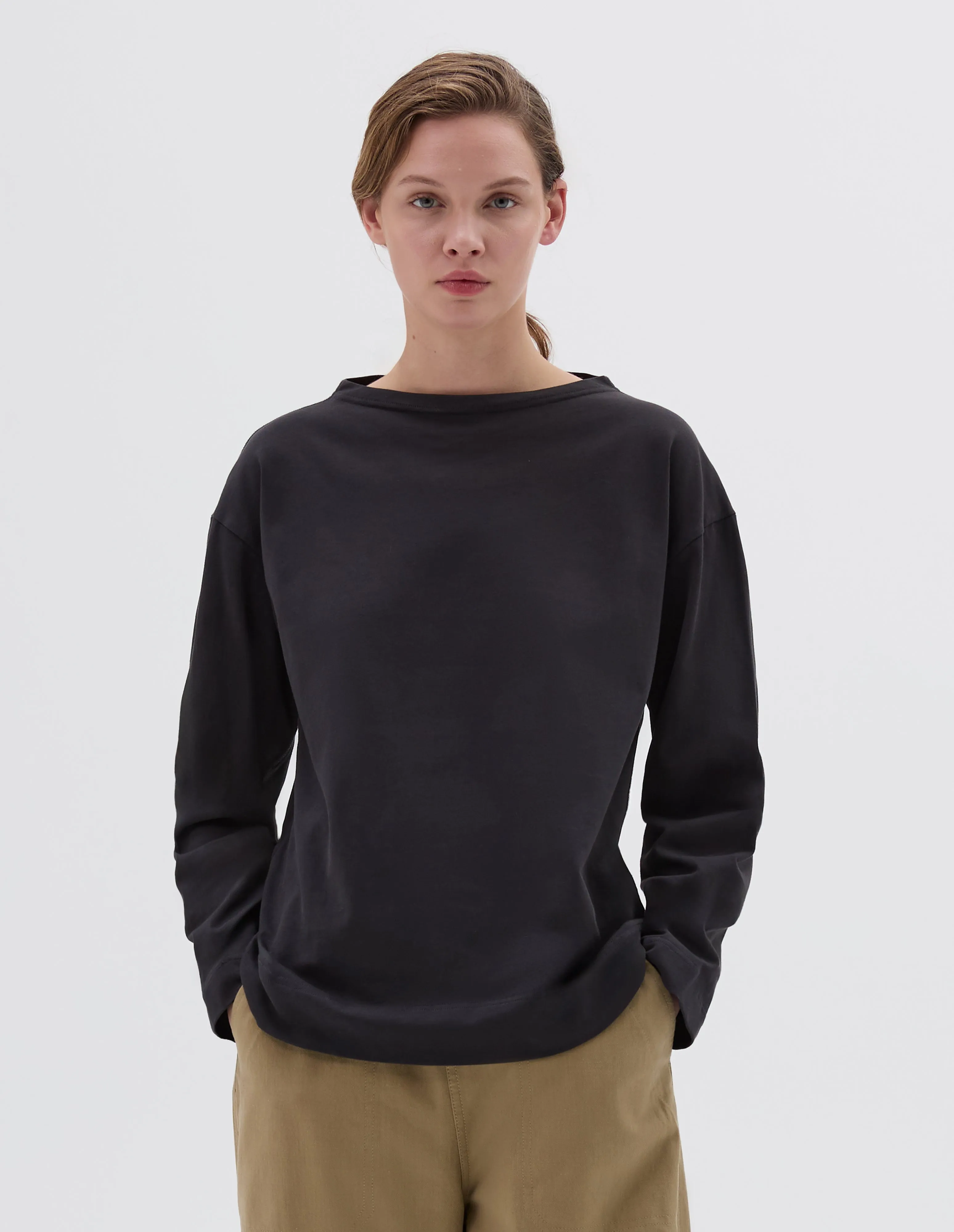 MHL. SMOCK NECK T SHIRT | LIGHT COTTON JERSEY | OFF BLACK sold by Margaret Howell