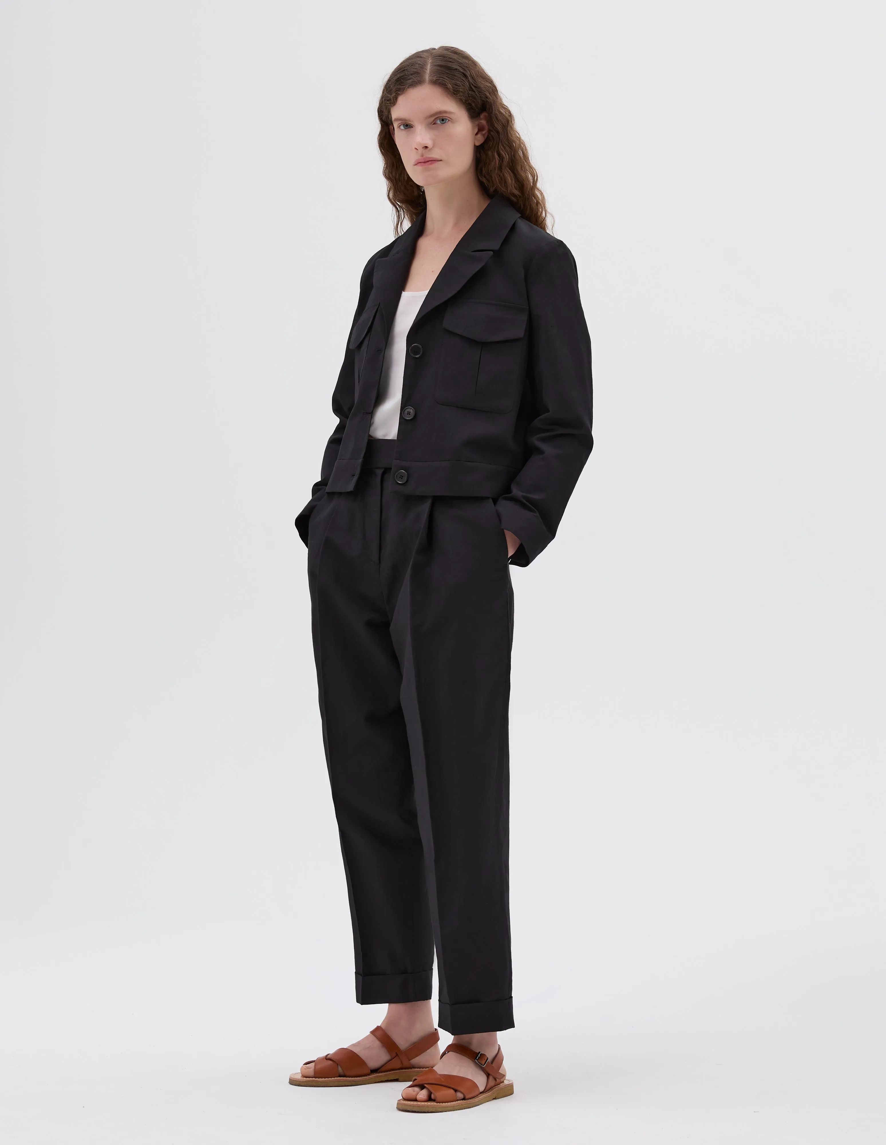 CROPPED JACKET | YARN DYED WOOL LINEN | BLACK sold by Margaret Howell product image thumbnail 2