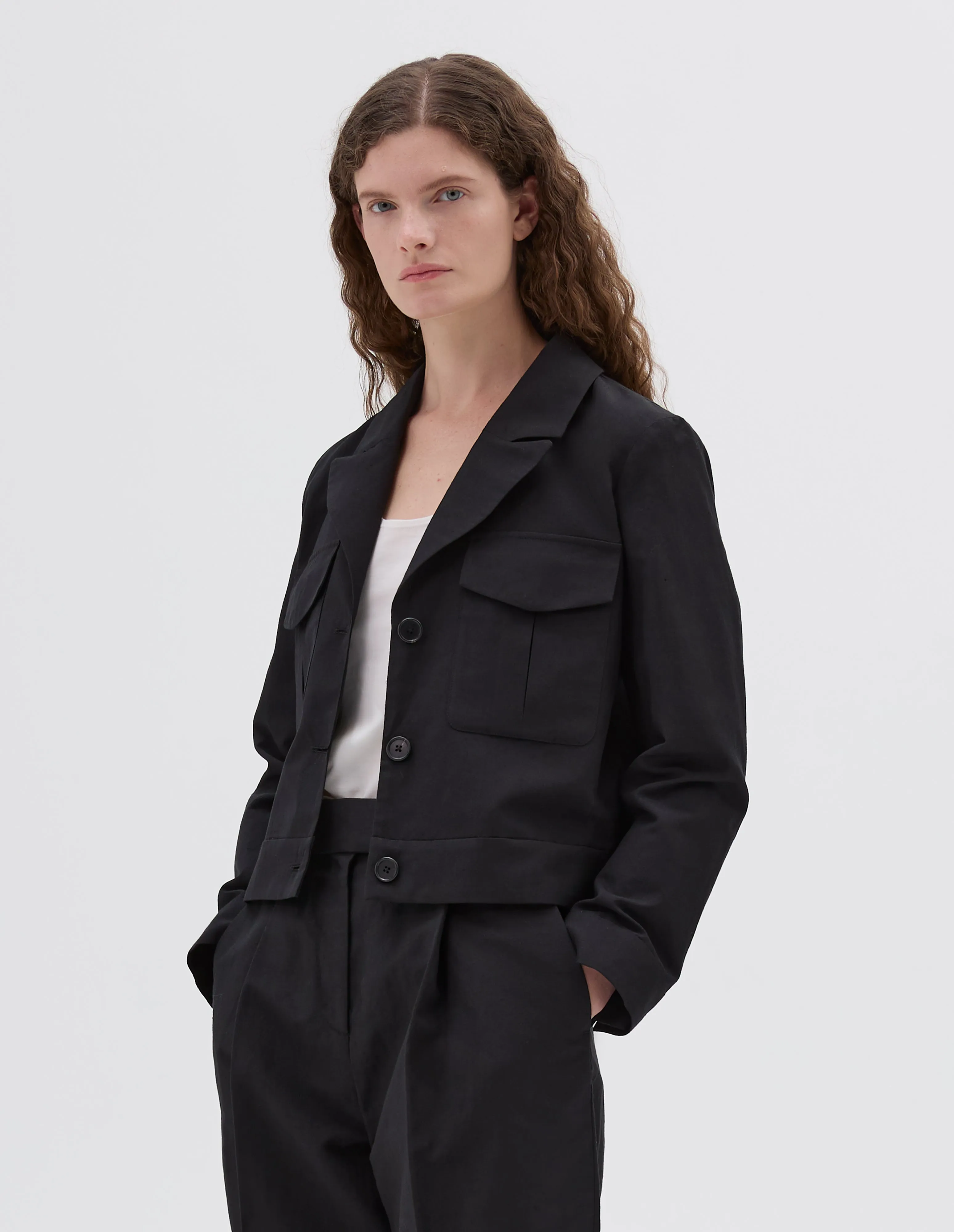 CROPPED JACKET | YARN DYED WOOL LINEN | BLACK sold by Margaret Howell