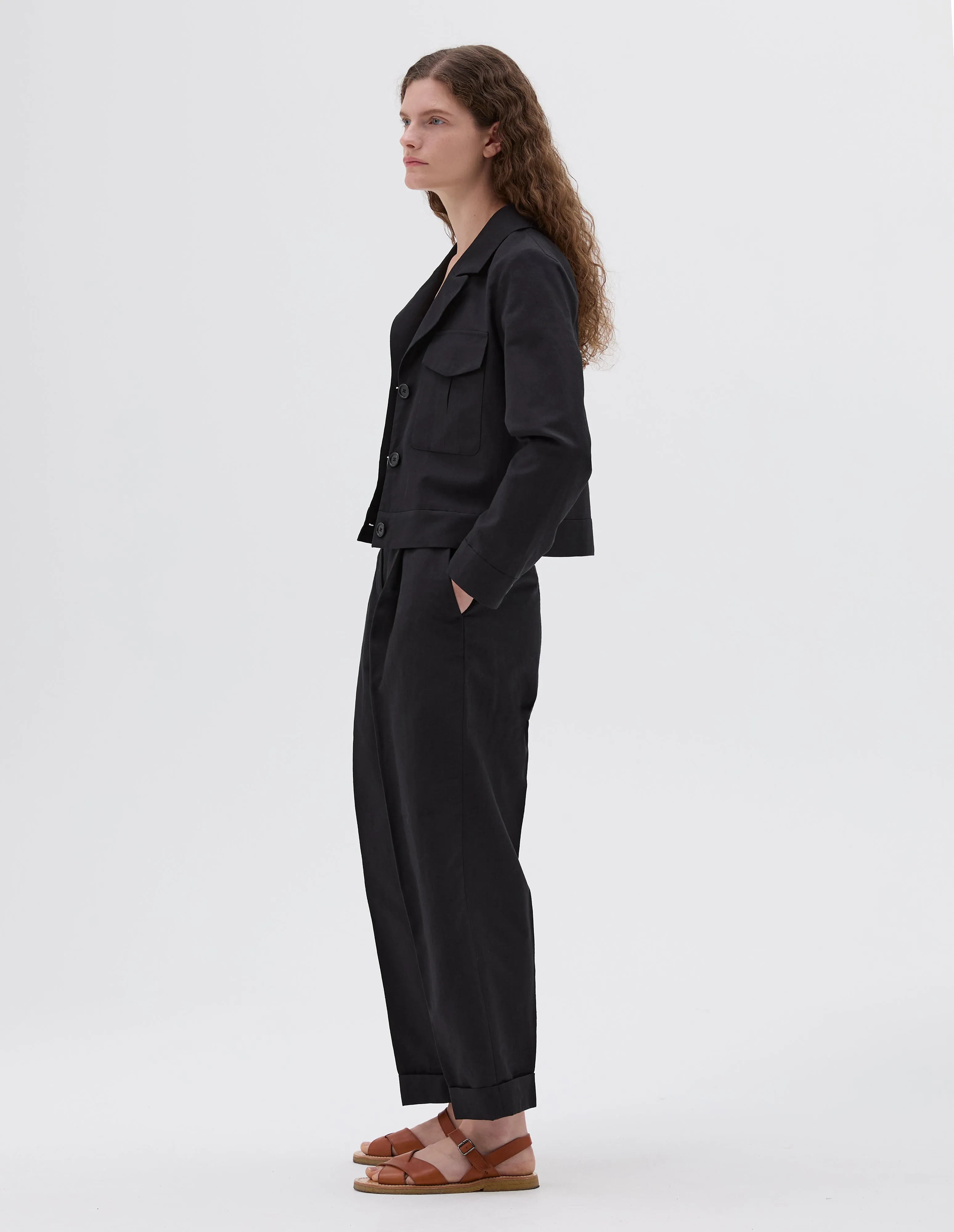 CROPPED JACKET | YARN DYED WOOL LINEN | BLACK sold by Margaret Howell product image thumbnail 3