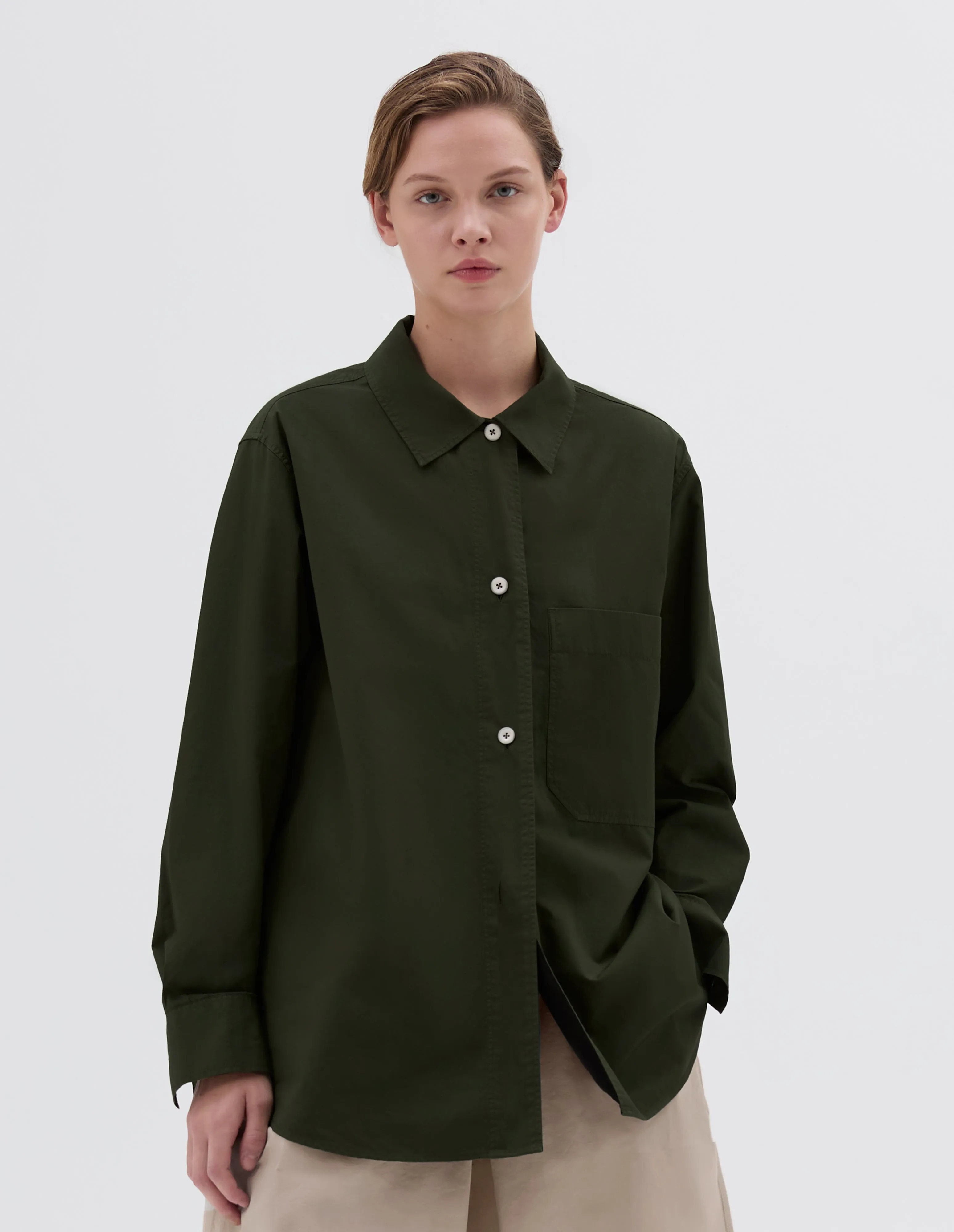 MHL. LONGLINE SHIRT | COMPACT COTTON POPLIN | GRASS sold by Margaret Howell