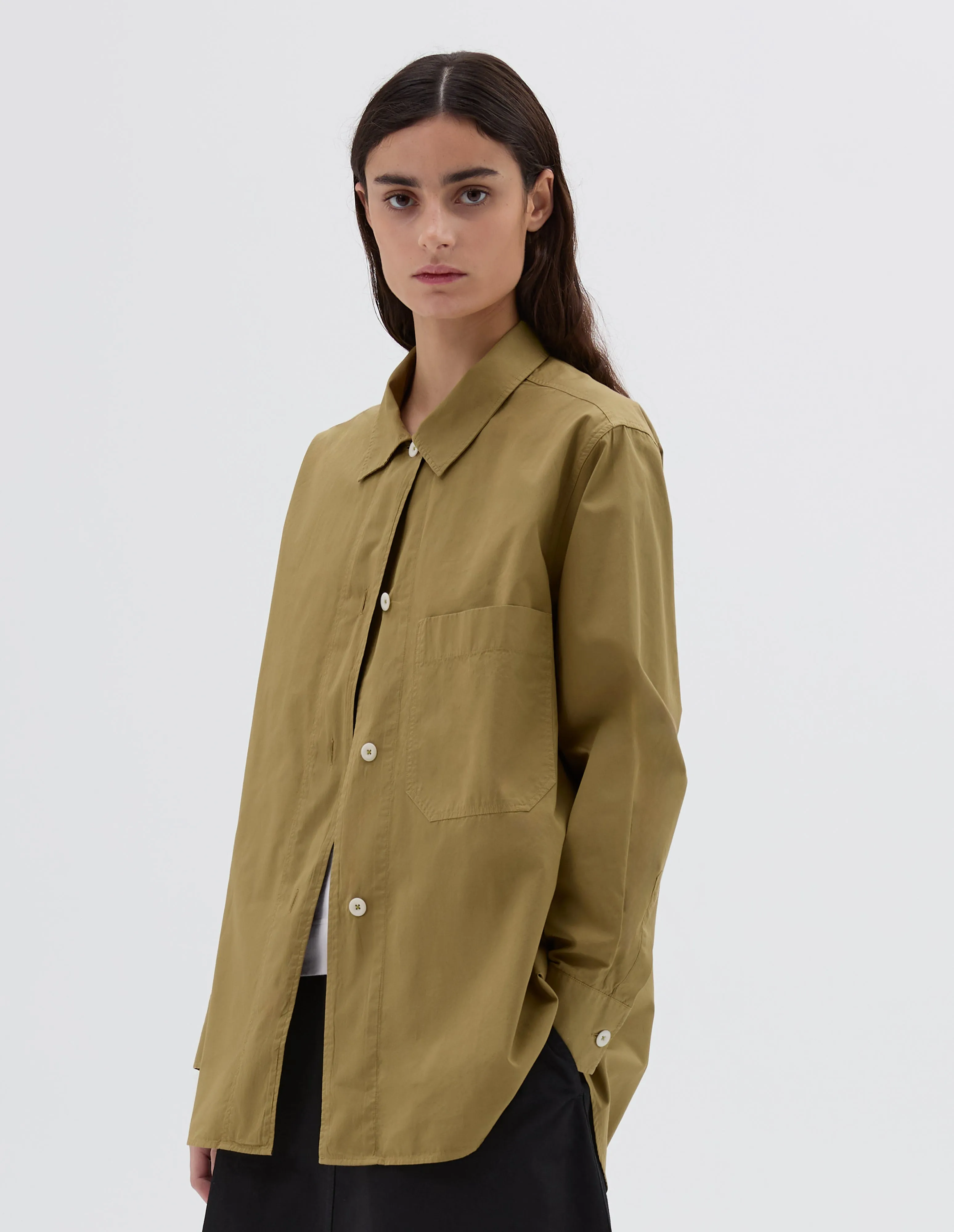 MHL. LONGLINE SHIRT | COMPACT COTTON POPLIN | FRESH OLIVE sold by Margaret Howell