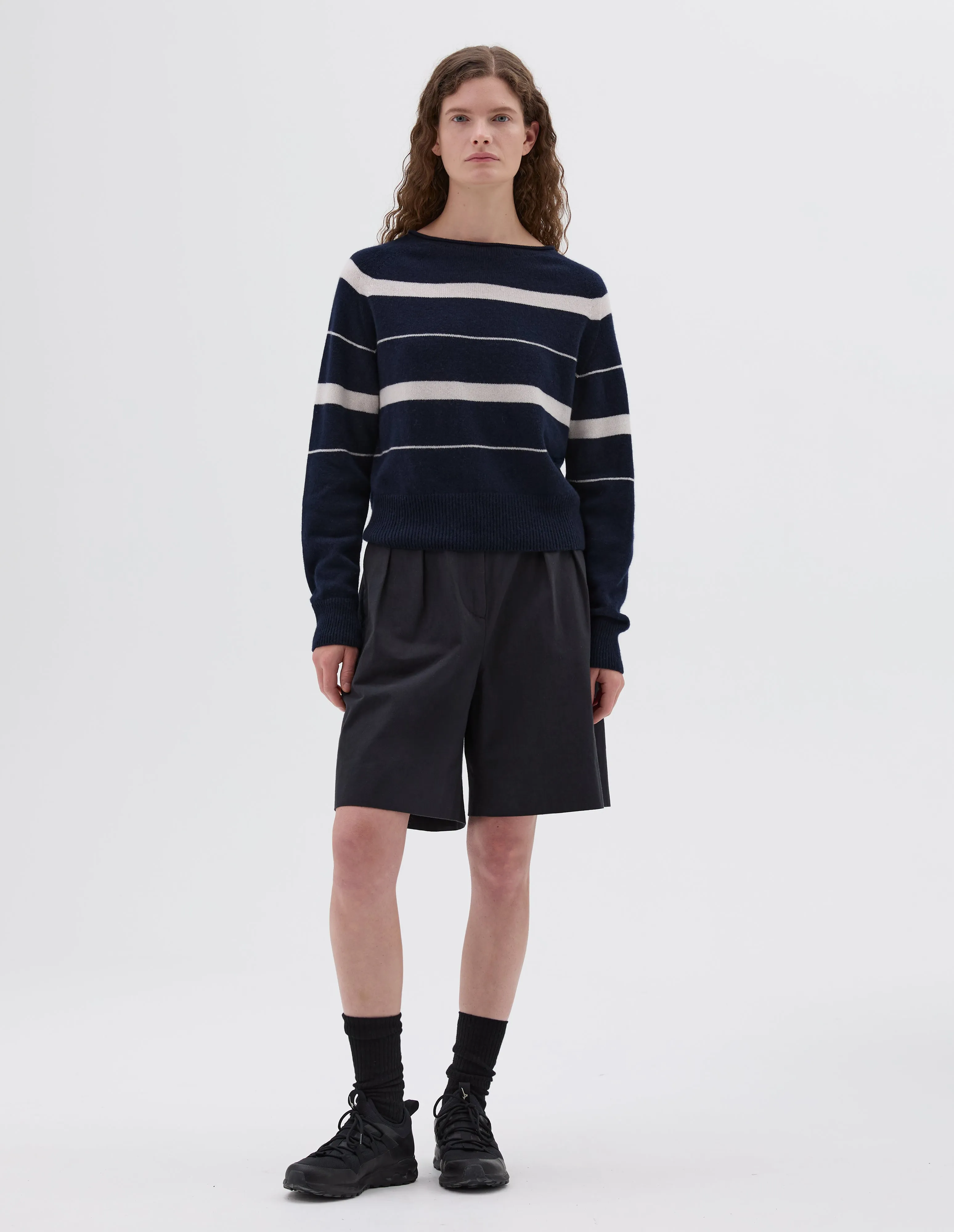 STRIPED ROLL EDGE JUMPER | CASHMERE COTTON | INK / MOTHER OF PEARL sold by Margaret Howell product image thumbnail 2
