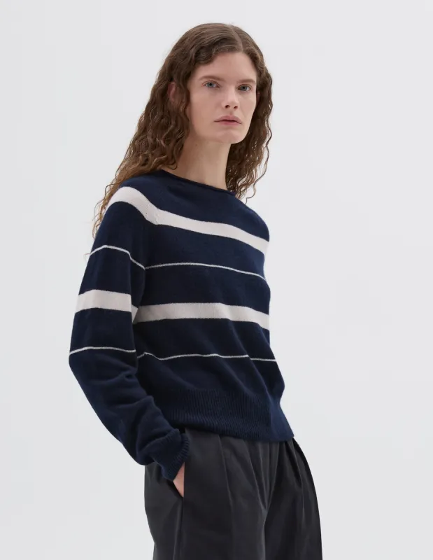 STRIPED ROLL EDGE JUMPER | CASHMERE COTTON | INK / MOTHER OF PEARL sold by Margaret Howell
