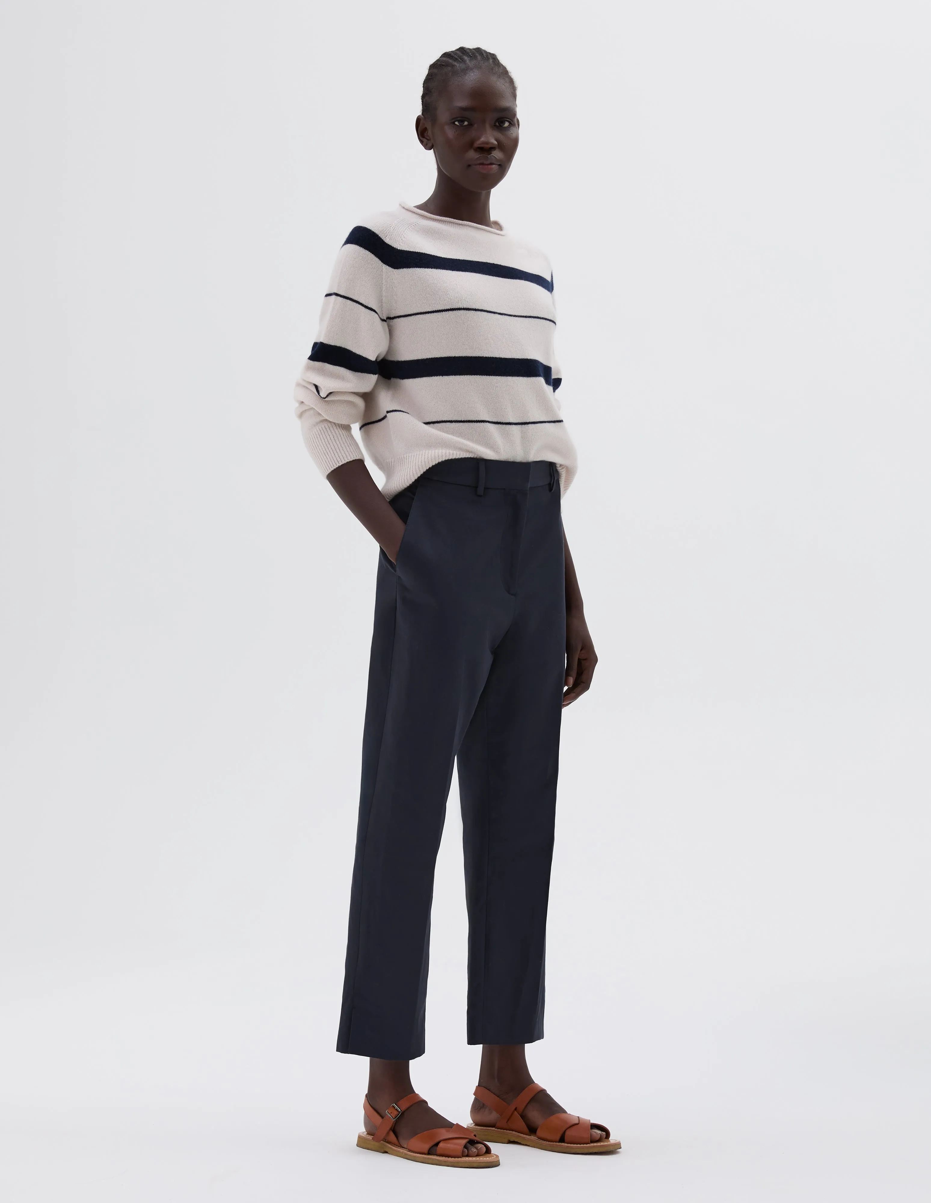 MIDI WAIST CROP TROUSERS | COTTON LINEN TWILL | MIDNIGHT sold by Margaret Howell