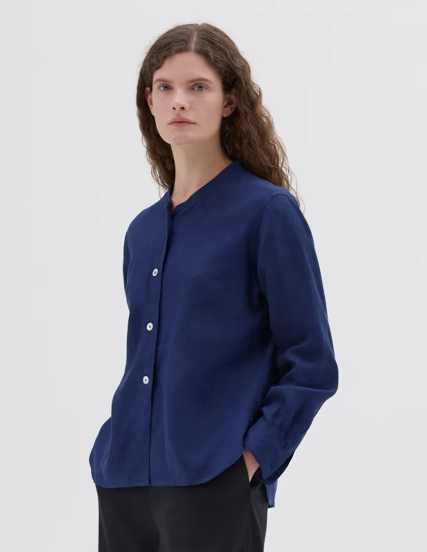 BUTTON THROUGH COLLARLESS SHIRT | SHIRTING LINEN | DEEP BLUE made by Margaret Howell