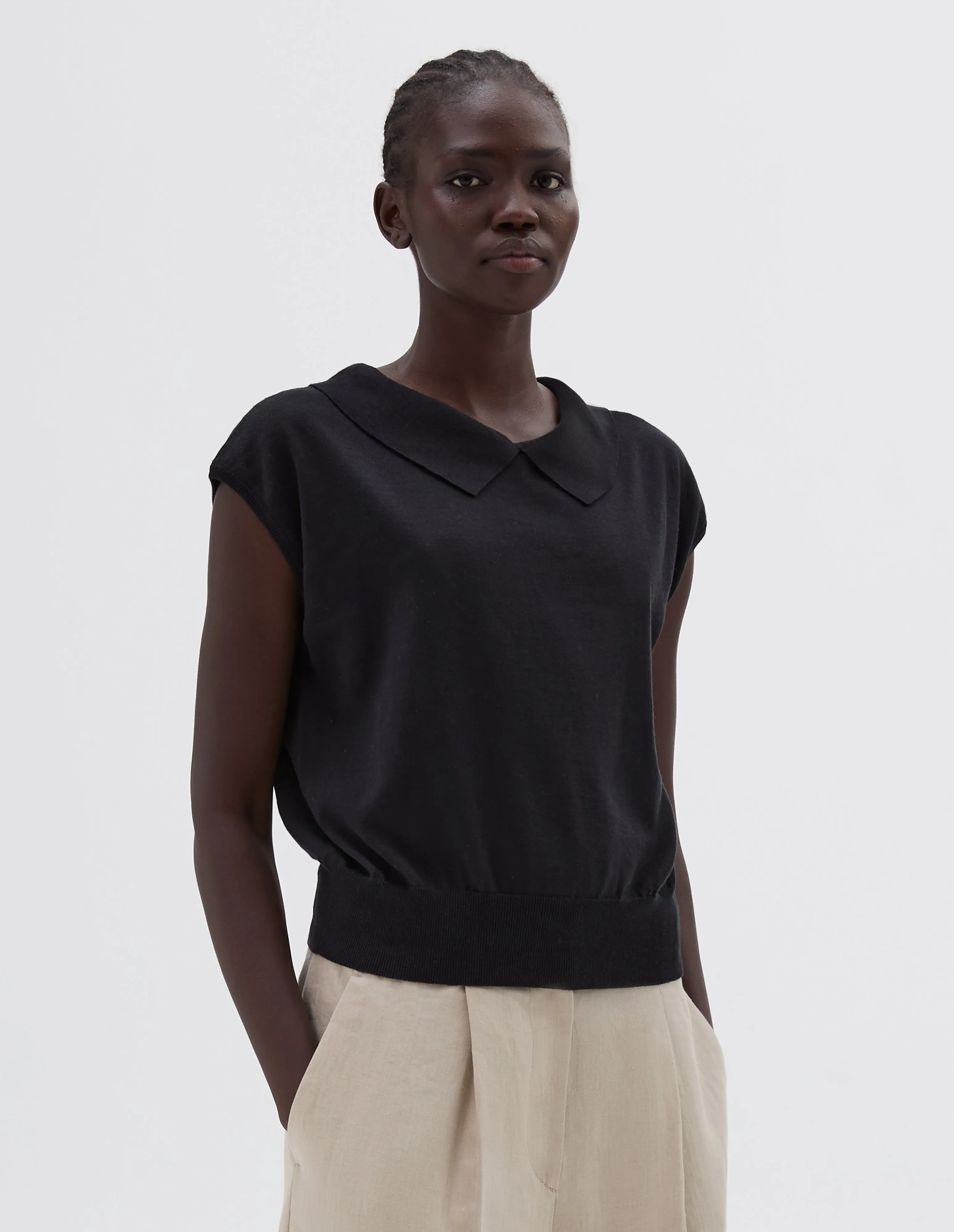 COLLARED PULLOVER VEST | FINE LINEN COTTON | BLACK sold by Margaret Howell