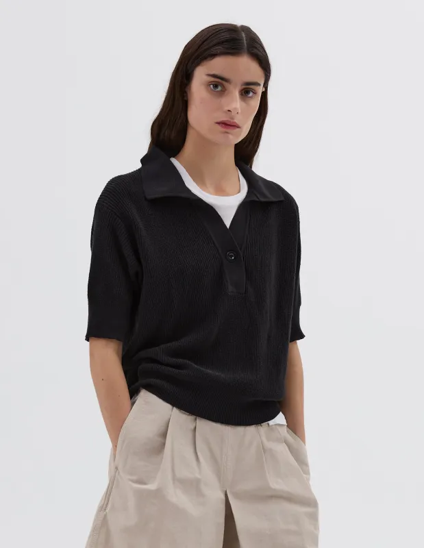 MHL. SINGLE BUTTON POLO | DRY COTTON | BLACK sold by Margaret Howell