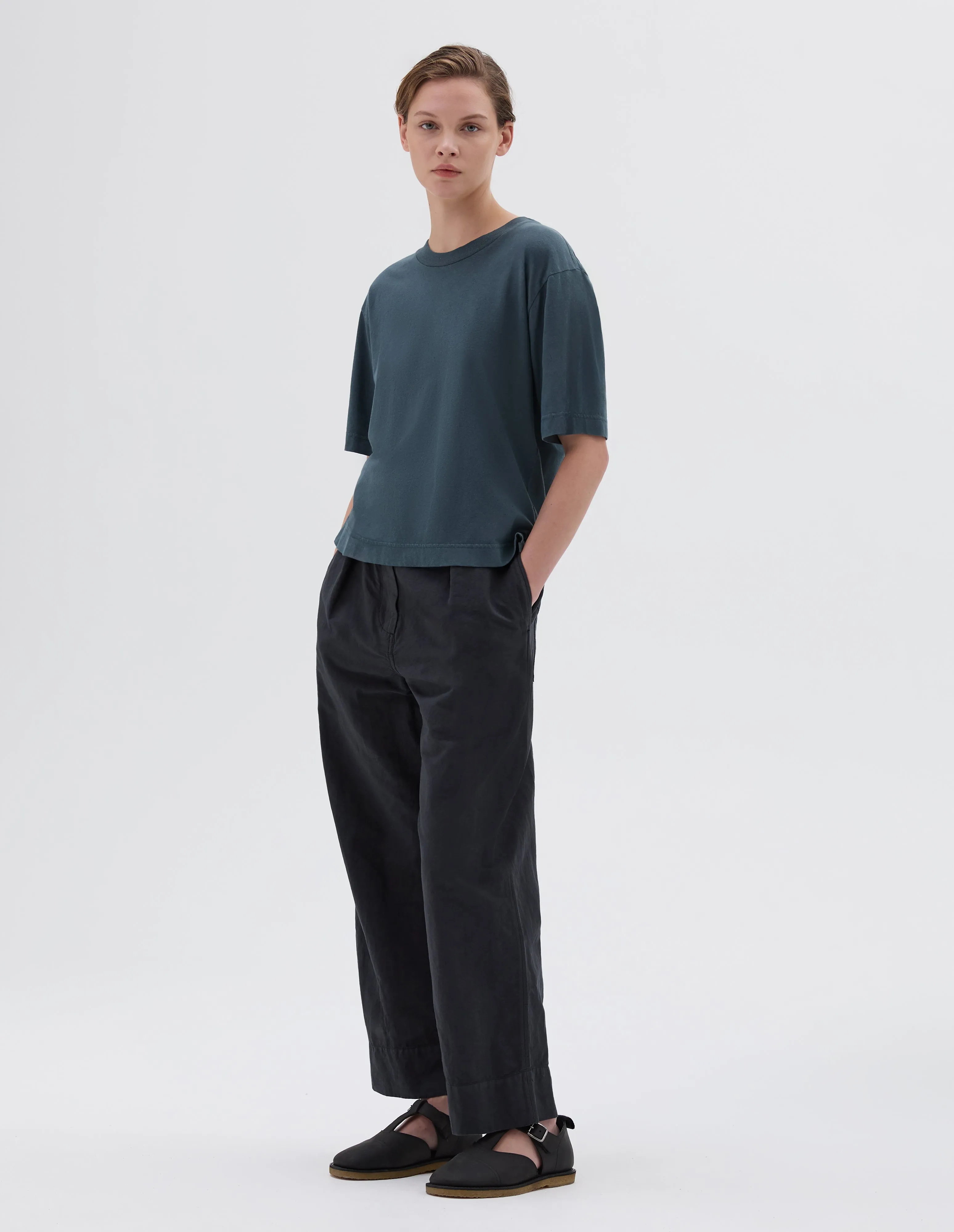 MHL. SIMPLE T SHIRT | ORGANIC COTTON LINEN JERSEY | MINERAL BLUE sold by Margaret Howell product image thumbnail 2