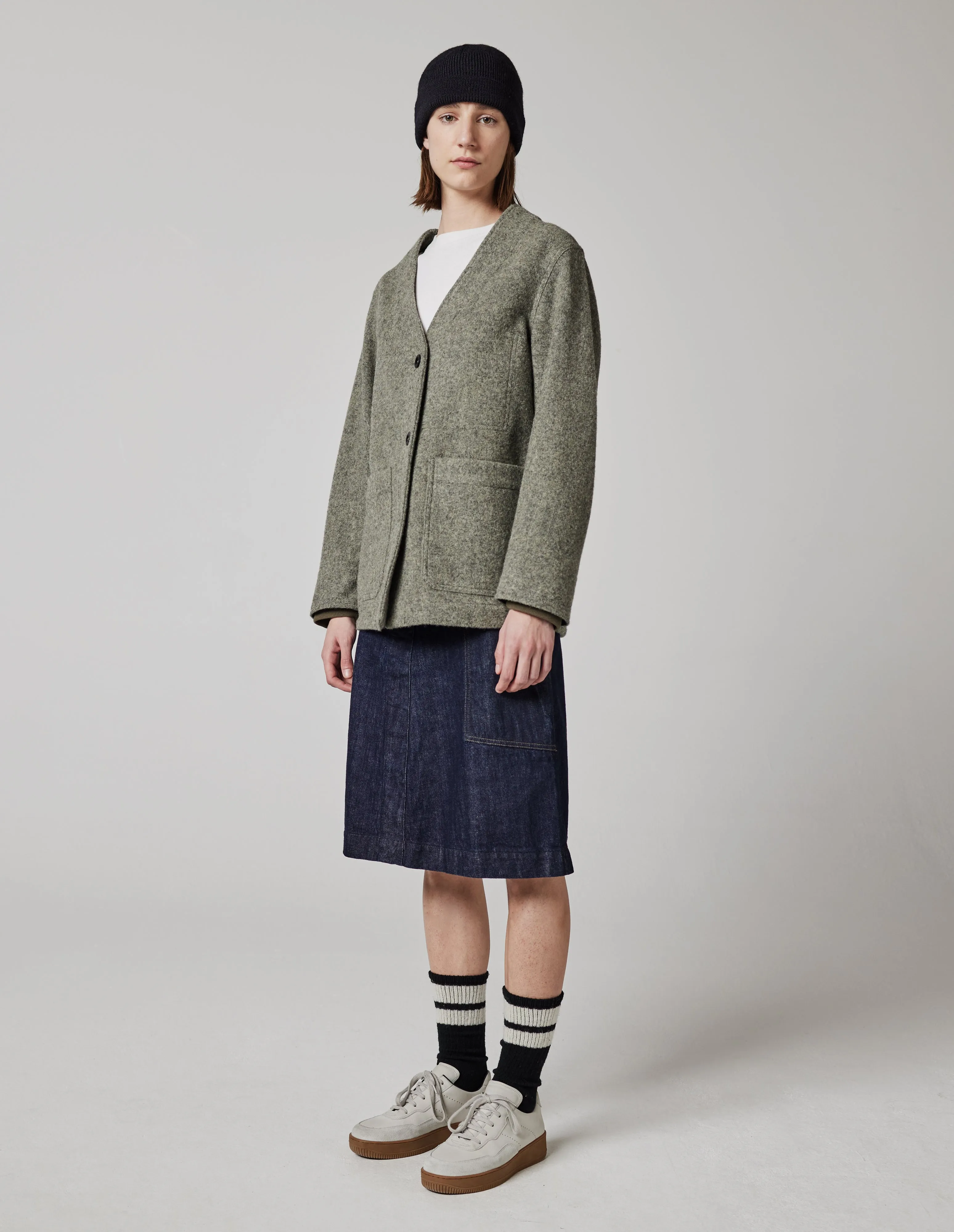 MHL. WOVEN CARDIGAN | FELTED WOOL TWILL | EUCALYPTUS sold by Margaret Howell