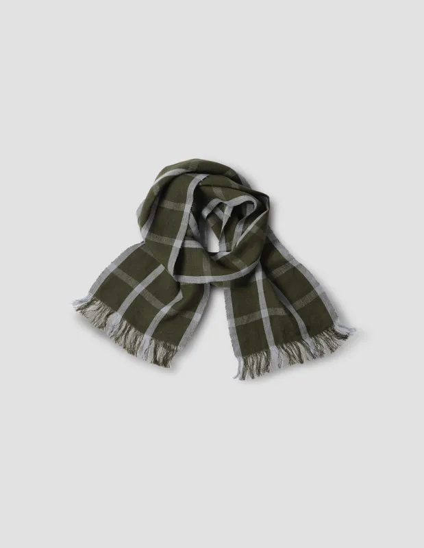 WINDOWPANE CHECK SCARF | LINEN | KHAKI / DUSTY BLUE sold by Margaret Howell