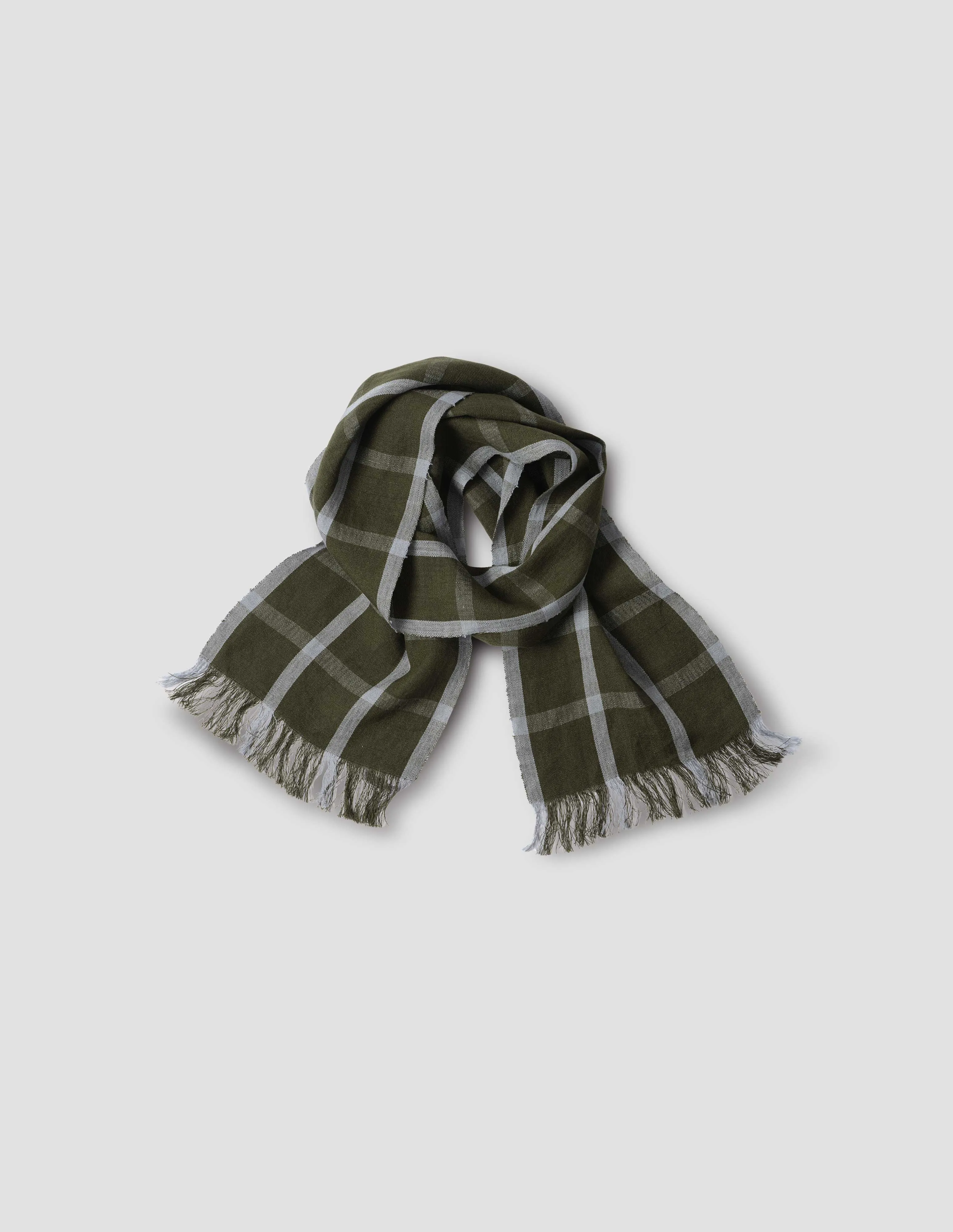 WINDOWPANE CHECK SCARF | LINEN | KHAKI / DUSTY BLUE sold by Margaret Howell
