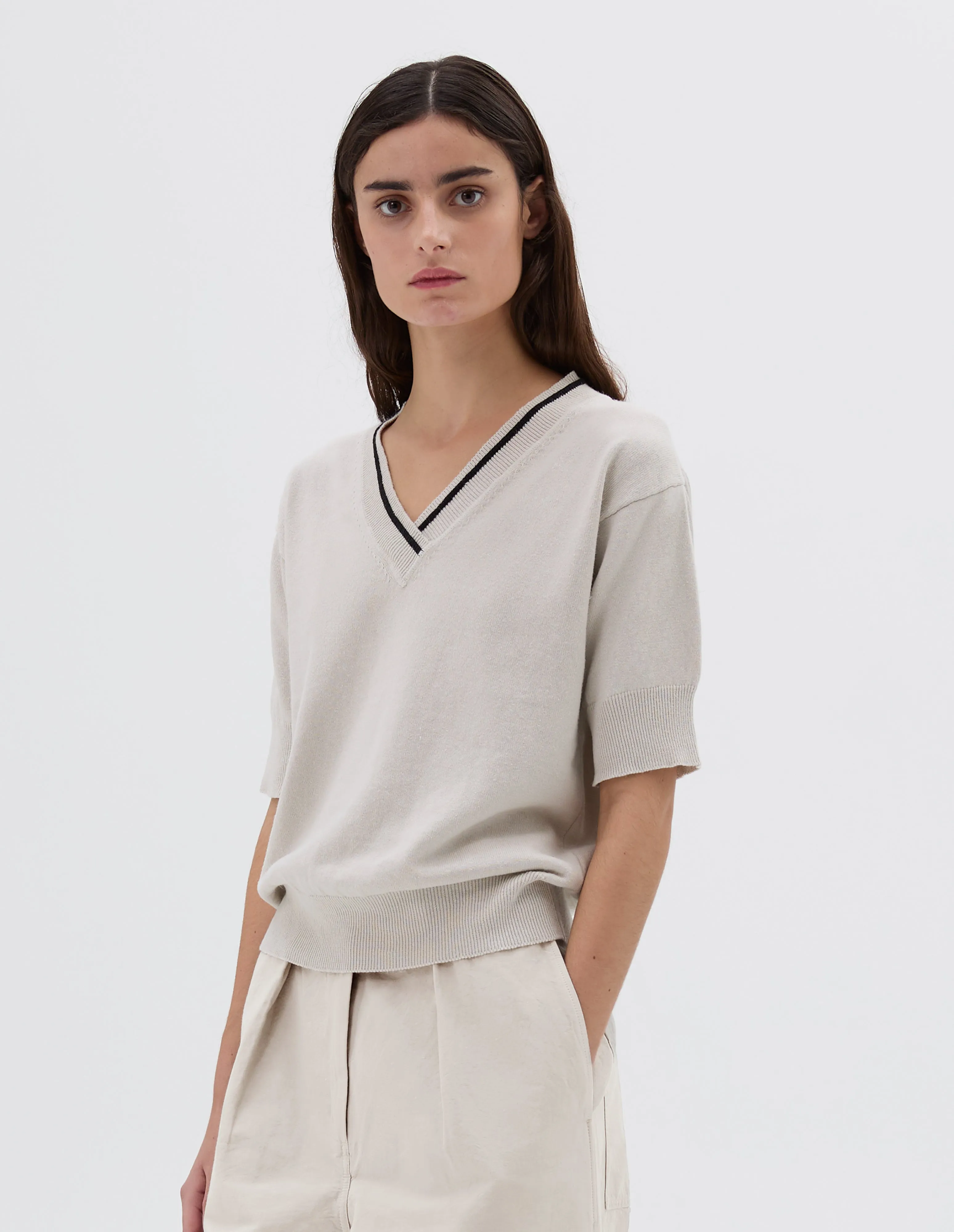 MHL. TIPPED V NECK T SHIRT | HEMP COTTON | CHALK sold by Margaret Howell