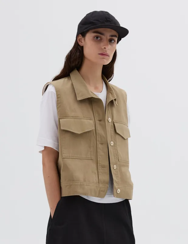 MHL. SLEEVELESS WORKSHIRT | IRREGULAR COTTON DRILL | OAT made by Margaret Howell