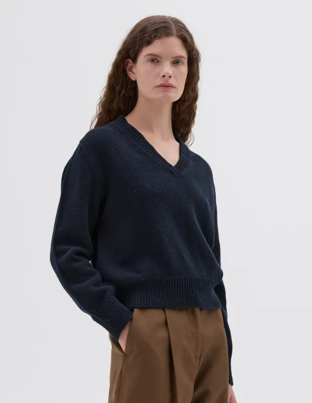 TAPERED V NECK | ALPACA YAK | NAVY sold by Margaret Howell